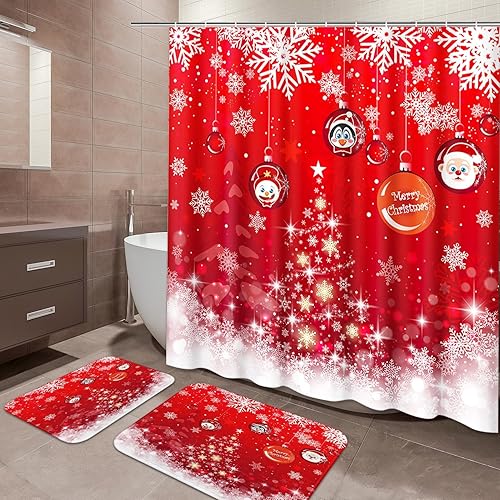 ArtSocket Juegos de baño de árboles de Navidad con cortina de ducha y accesorios de alfombras, juegos de cortinas de ducha rojas con copos de nieve,