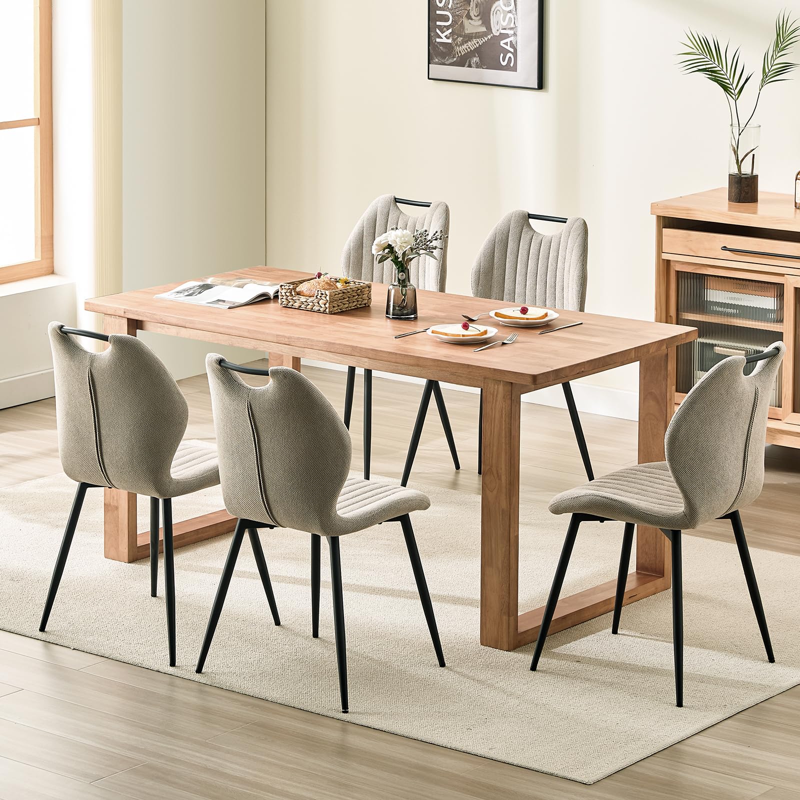 WAFTING Lot de 6 Chaises de Salle à Manger, Rembourrées, avec Dossier Haut, en Tissu et Pieds en Métal Laqué Noir, pour Salle à Manger, Chambre à Coucher et Réception, Kaki