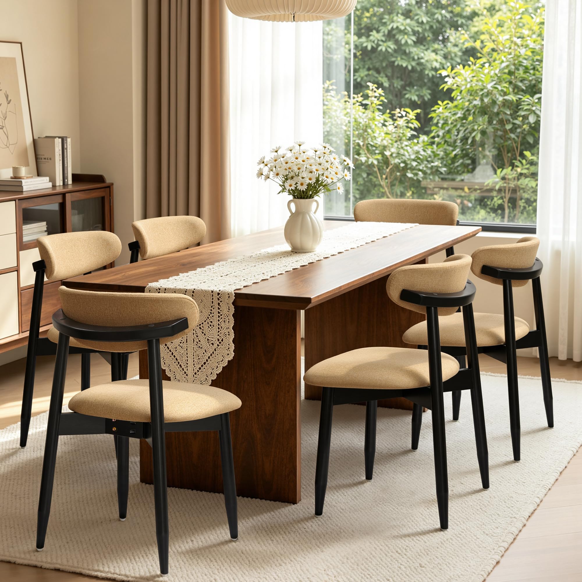 CHUN YI Dining Chairs Set of 6, Upholstered Solid Wood Dining Room Chairs, Mid Century Modern Fabric Kitchen Chairs with Ergonomic Curved Back, Khaki (Only Chairs)