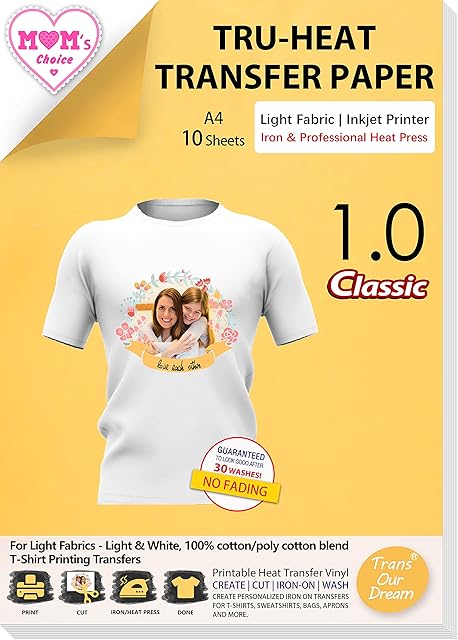TransOurDream Tru-Transfer Paper for Light Fabric Inkjet 10 Sheets A4 Iron on Transfers for T Shirt Printing Paper infusible Ink Transfer Sheets Printable Heat Transfer Vinyl Easy to Use (TOD-2)