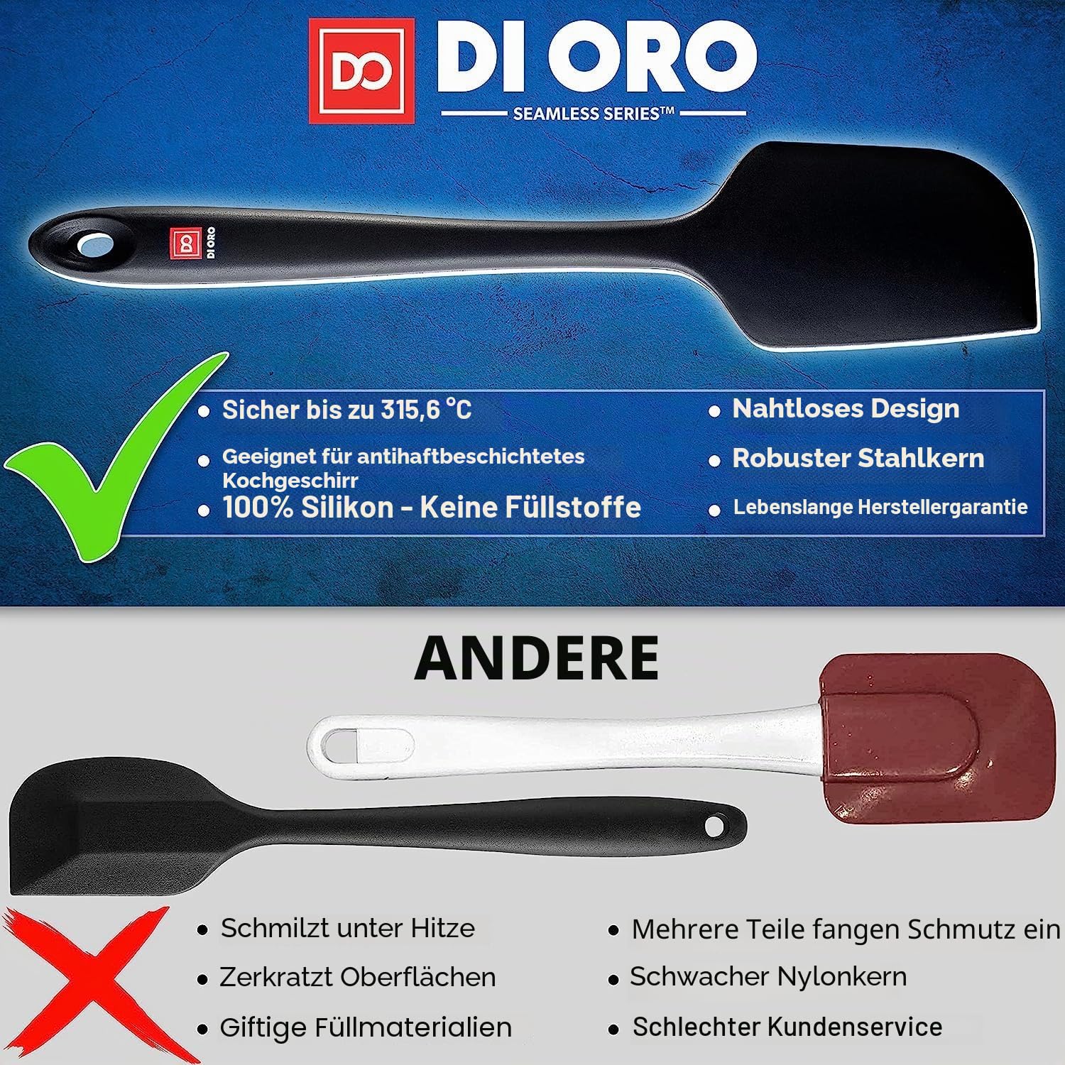 DI ORO® Seamless Series Pfannenwender Silikon Set - 315°C Hitzebeständiges Teigschaber-Set - Küchenutensilienset aus Silikon Antihaft-Kochgeschirr Sicher - Lebensmittelqualität (5 Stücke, Schwarz)