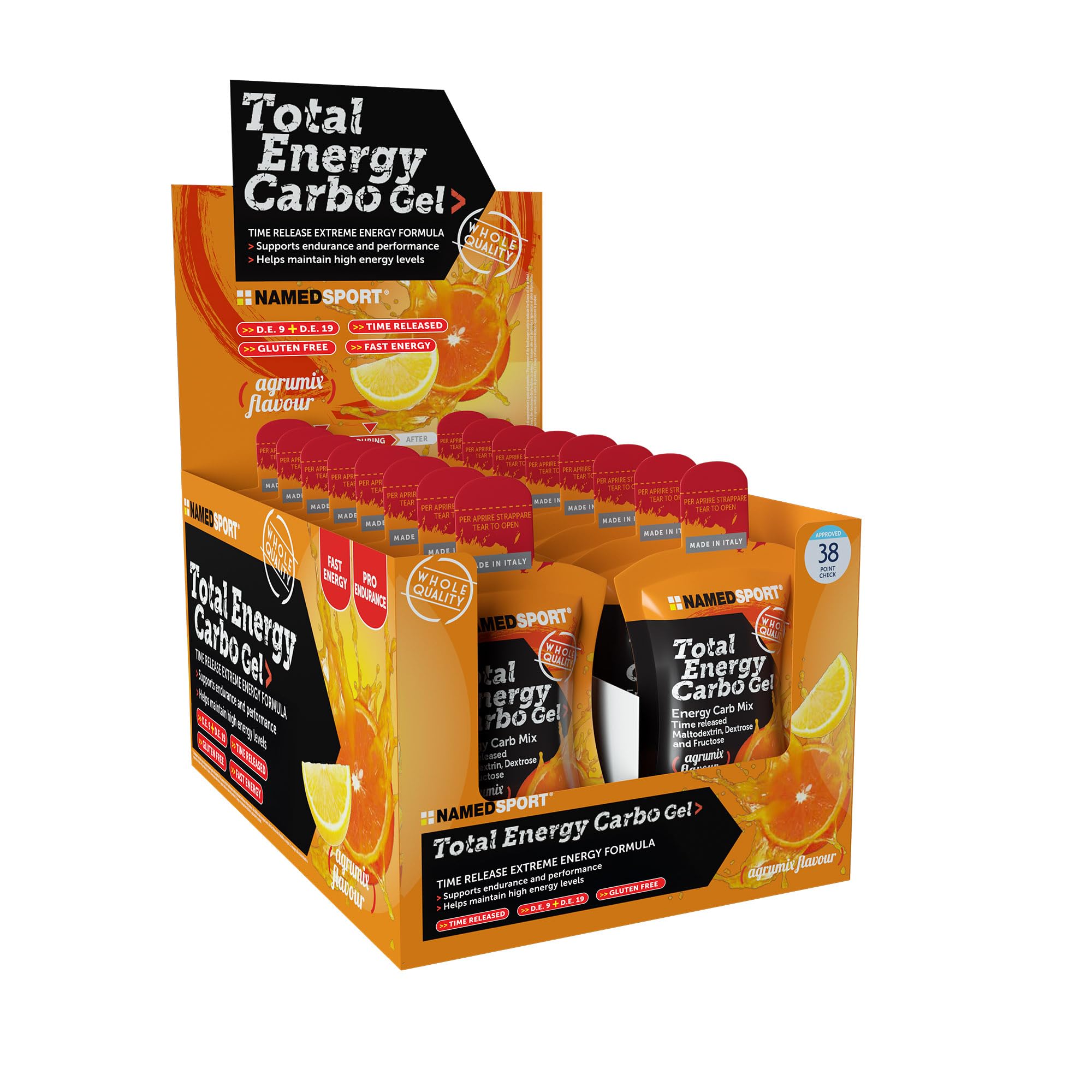 NAMEDSPORT Total Energy Strong Gel | Gel Energetico con Caffeina, Taurina e Guaranà | Sport di Endurance (Ciclismo, Running, Triathlon) | Vegano e Senza Glutine | Gusto Agrumi 24 x 40 ml