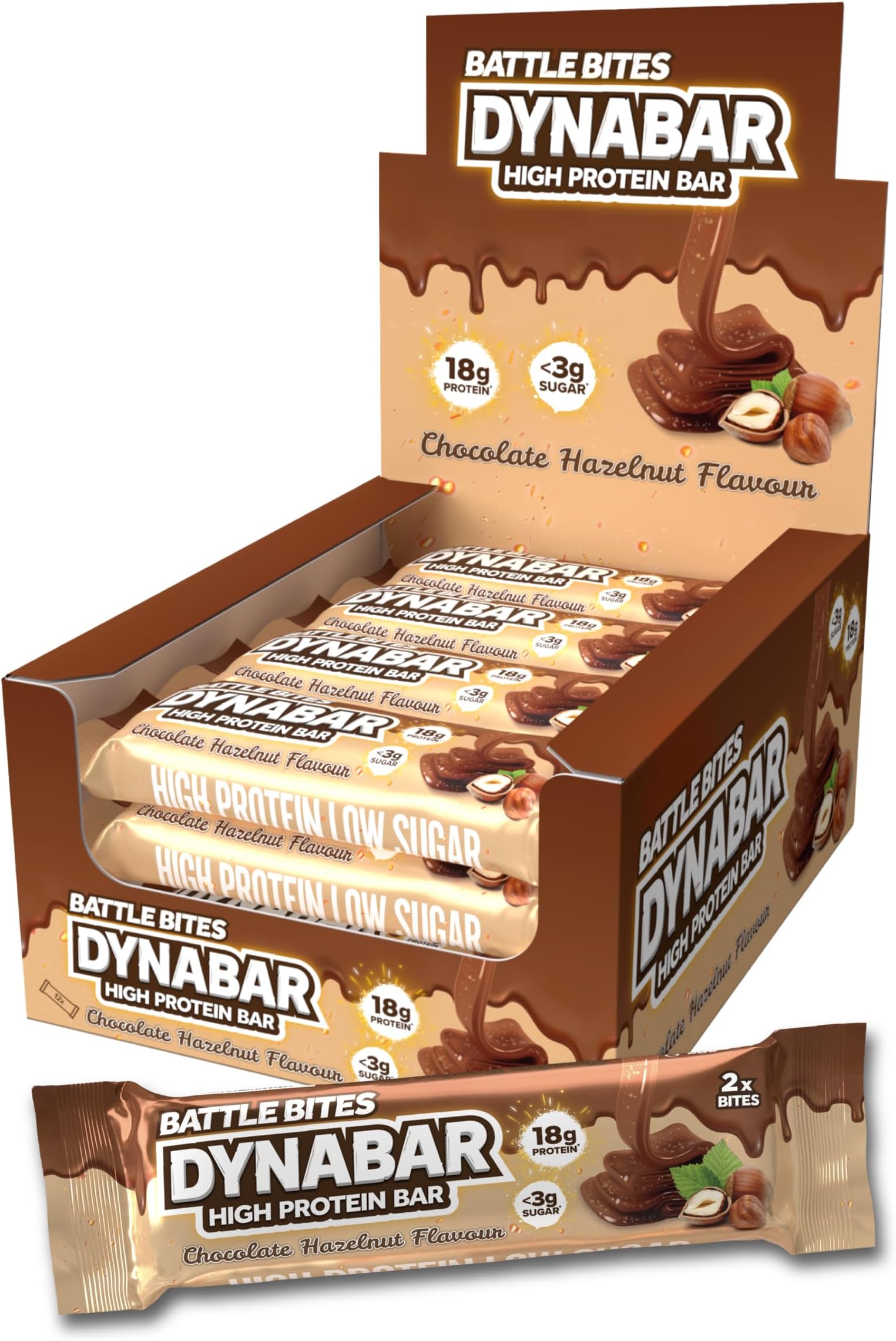 Battle Bites Dynabar High Protein Bars 12 x 60g - Chocolate Hazelnut Flavour - Low in Sugar, Free from Preservatives, Non-GMO, Suitable for Vegetarians - 18g protein + 219 calories per bar