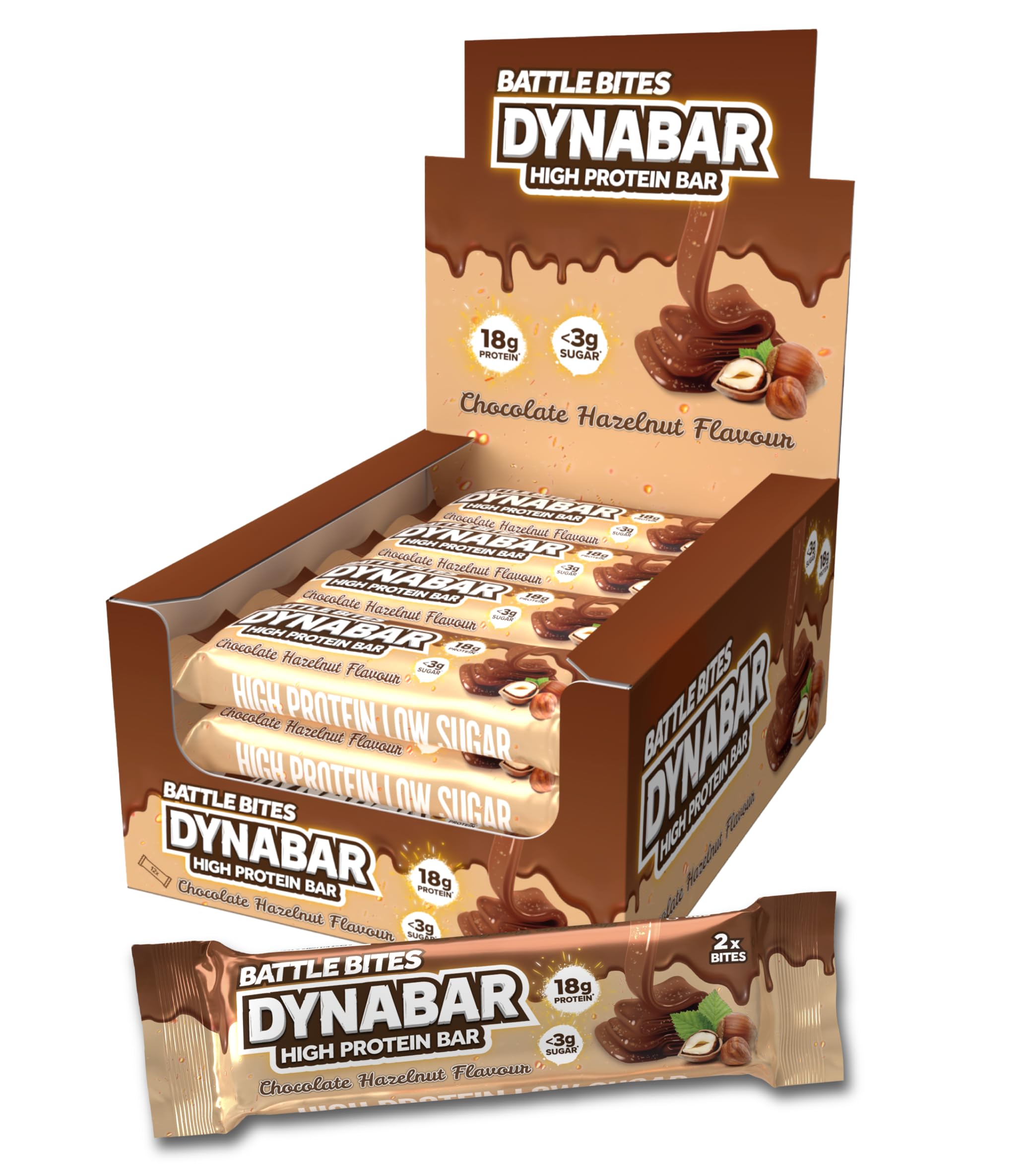 Battle Bites Dynabar High Protein Bars 12 x 60g - Chocolate Hazelnut Flavour - Low in Sugar, Free from Preservatives, Non-GMO, Suitable for Vegetarians - 18g protein + 219 calories per bar