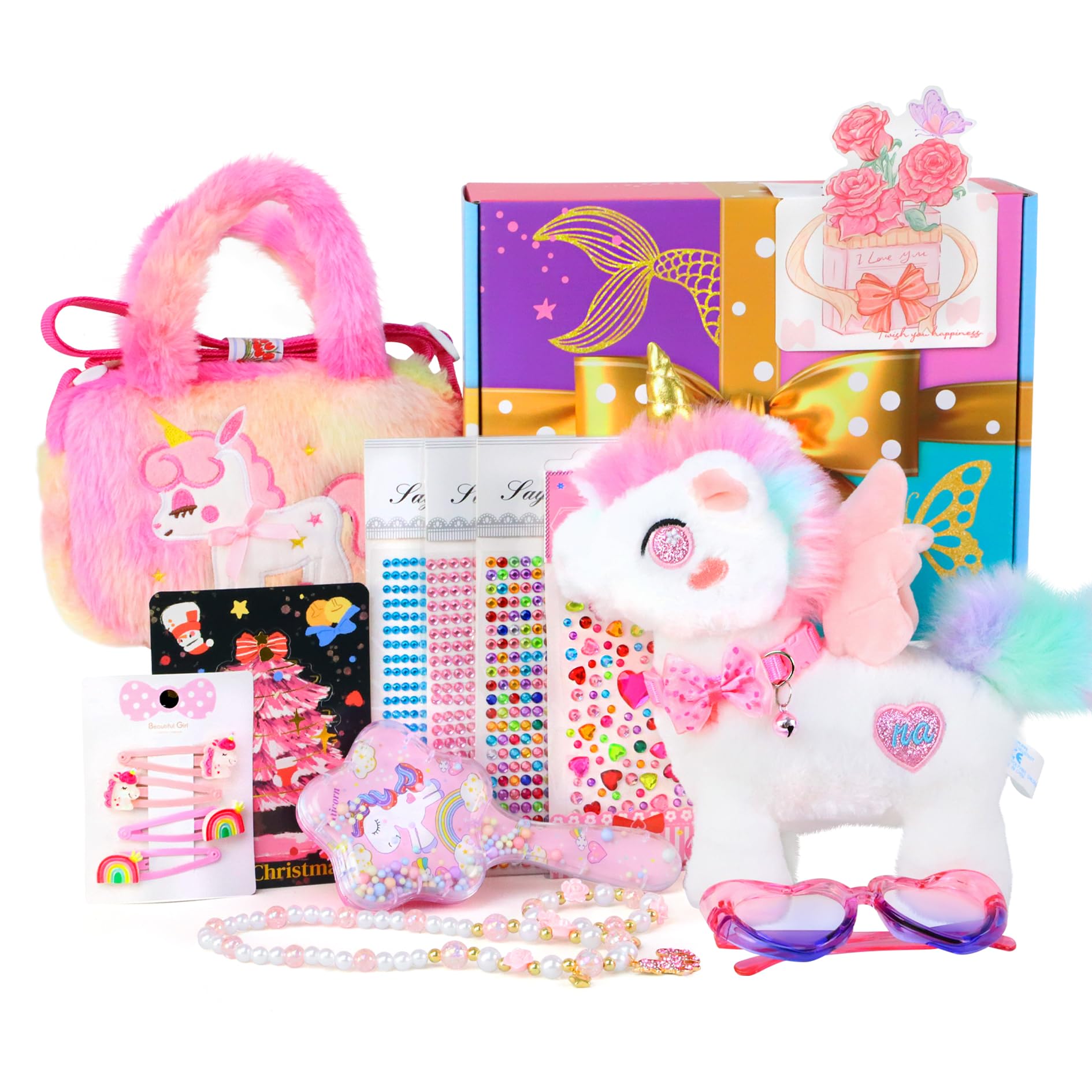 Einhorn Geschenke für Mädchen 3 4 5 6 7 8 Jahre, Spielzeug Geschenkset mit Kuscheltier, Handtasche,Schmuck Set, DIY Sticker,Haarnadeln,Kamm usw. Geschenk Dress Up Set für Geburtstag,Weihnachten,Ostern