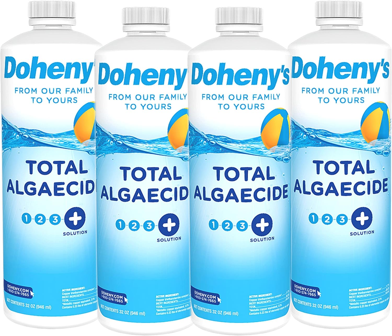 Doheny’s Total Algaecide | 100% Professional-Grade | Extra Strength & Effective Against All Types of Algae | Non-Foaming & Non-Staining Formula | 90-Day Prevention | Set of (4) - 32 Ounce Bottles