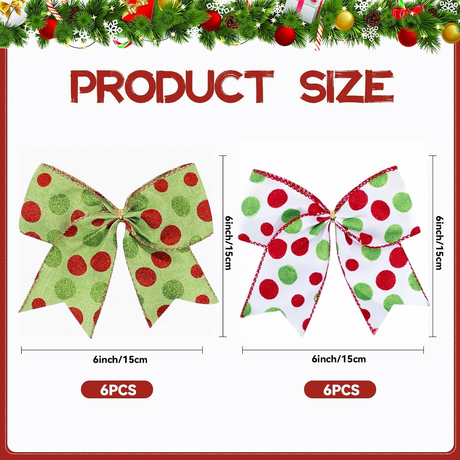 12 Pcs Christmas Bows, 6 Inch Glitter Dot Bows, Xmas Tree Bows for Crafts Gift Wrapping Christmas Holiday Party Decorations - Image 2
