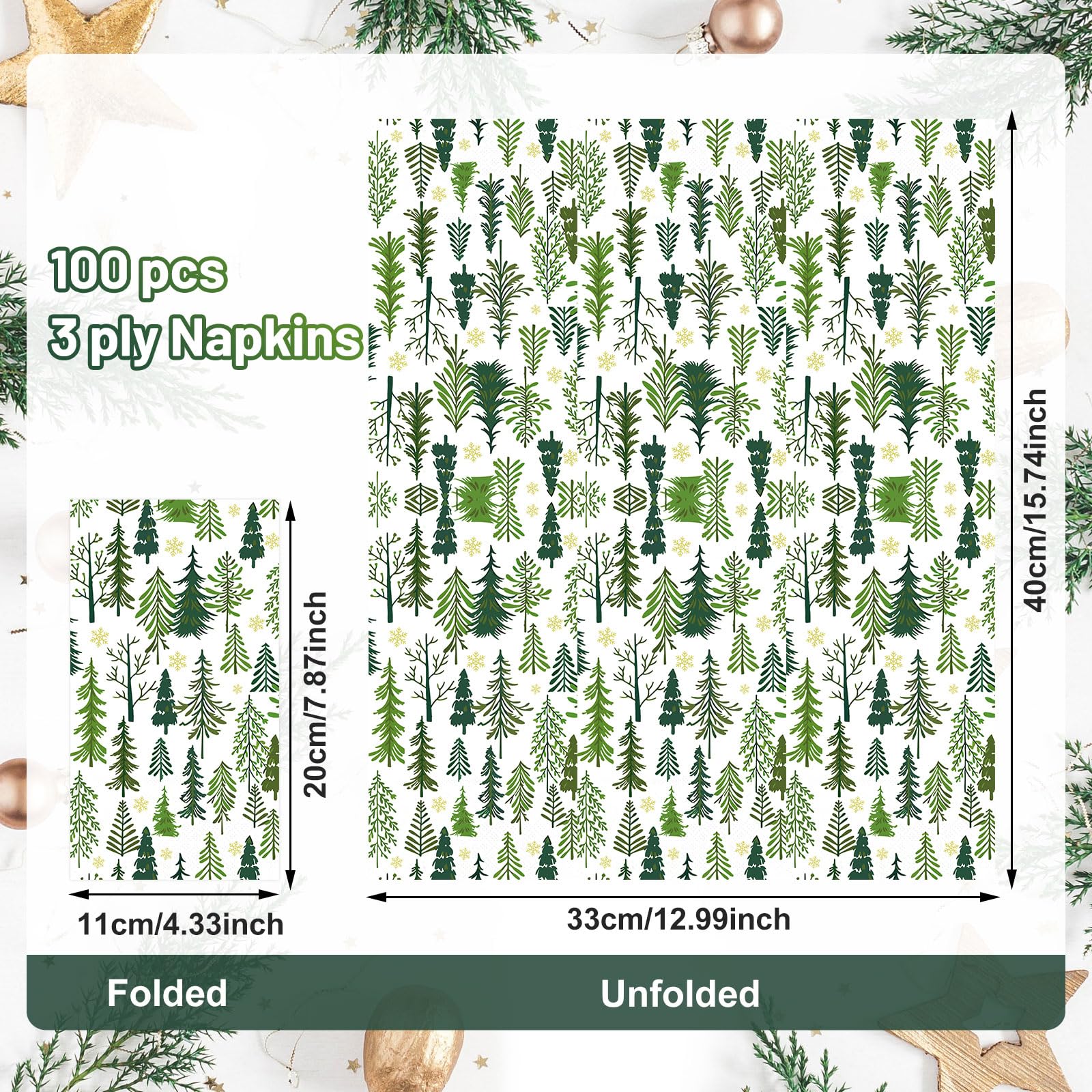 Homlouue 100 servilletas de Navidad desechables, 3 capas, color verde, con diseño de árboles de Navidad, servilletas de papel de Navidad para baño, servilletas de cena desechables para decoración de