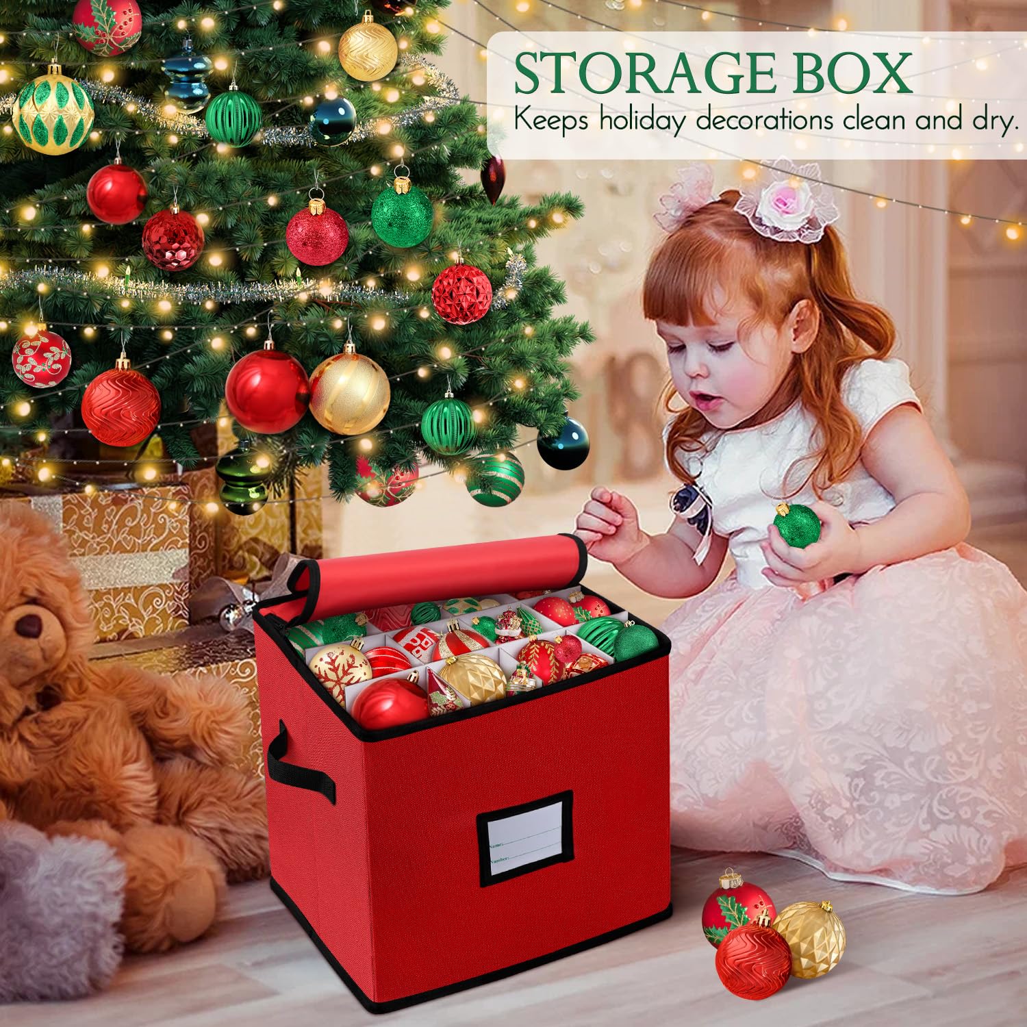 Contenedor Apilable Festivo BINSUNS Caja Almacenamiento Adornos Navidad -  Verde, 12x12x12 Pulgadas, Hasta 64 Adornos Caja Almacenaje Navidad, image size:1500x1500
