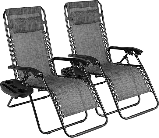 TLSUNNY Zero Gravity Chair Set of 2, Outdoor Folding Lounge W/Detachable Headrest & Holder Tray, Adjustable Textilene Lawn Reclining, No Assembly Required, for Patio, Garden, 330LBS (1, Grey)