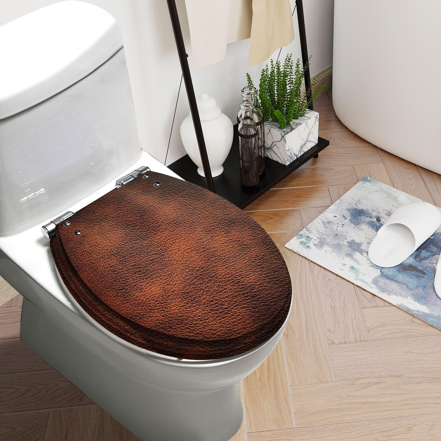 Round Toilet Seat Leather Resin Toilet Seat Slow Quiet Close with Quick-Release Hinges Toilet Seat with Cover Easy to Clean Install