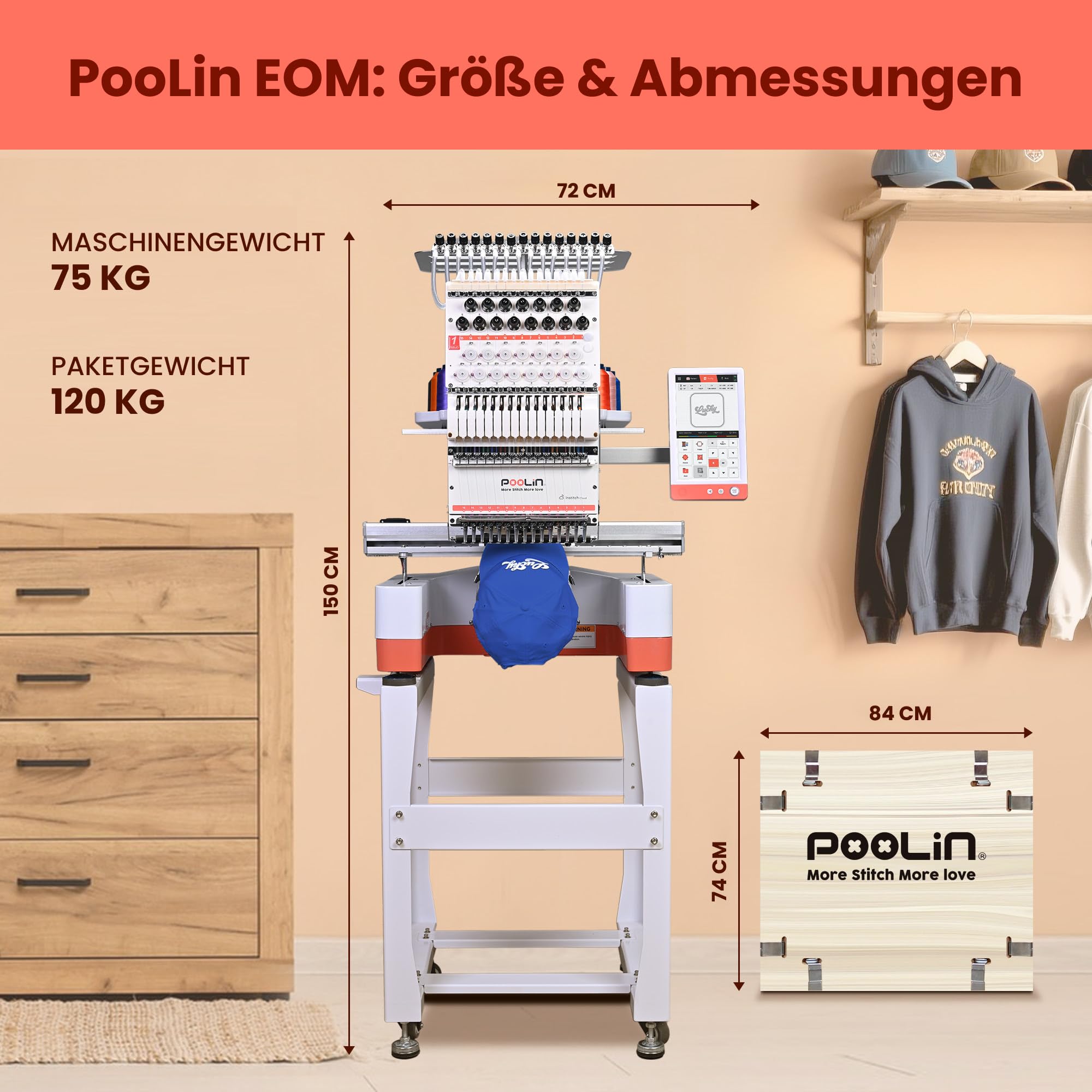 PooLin EOM - Professionelle Industrie und Kompakte Stickmaschine. Starten Sie Ihr kommerzielles Projekt. Personalisieren Sie Kappen, Hüte, Hemden, Pullover und vieles mehr.
