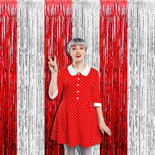 Miniatura 10 de Paquete de 4 cortinas de flecos de papel de aluminio fucsia de 3.3 pies x 6.6 pies, cortinas de oropel metálico con flecos para cabina de fotos,