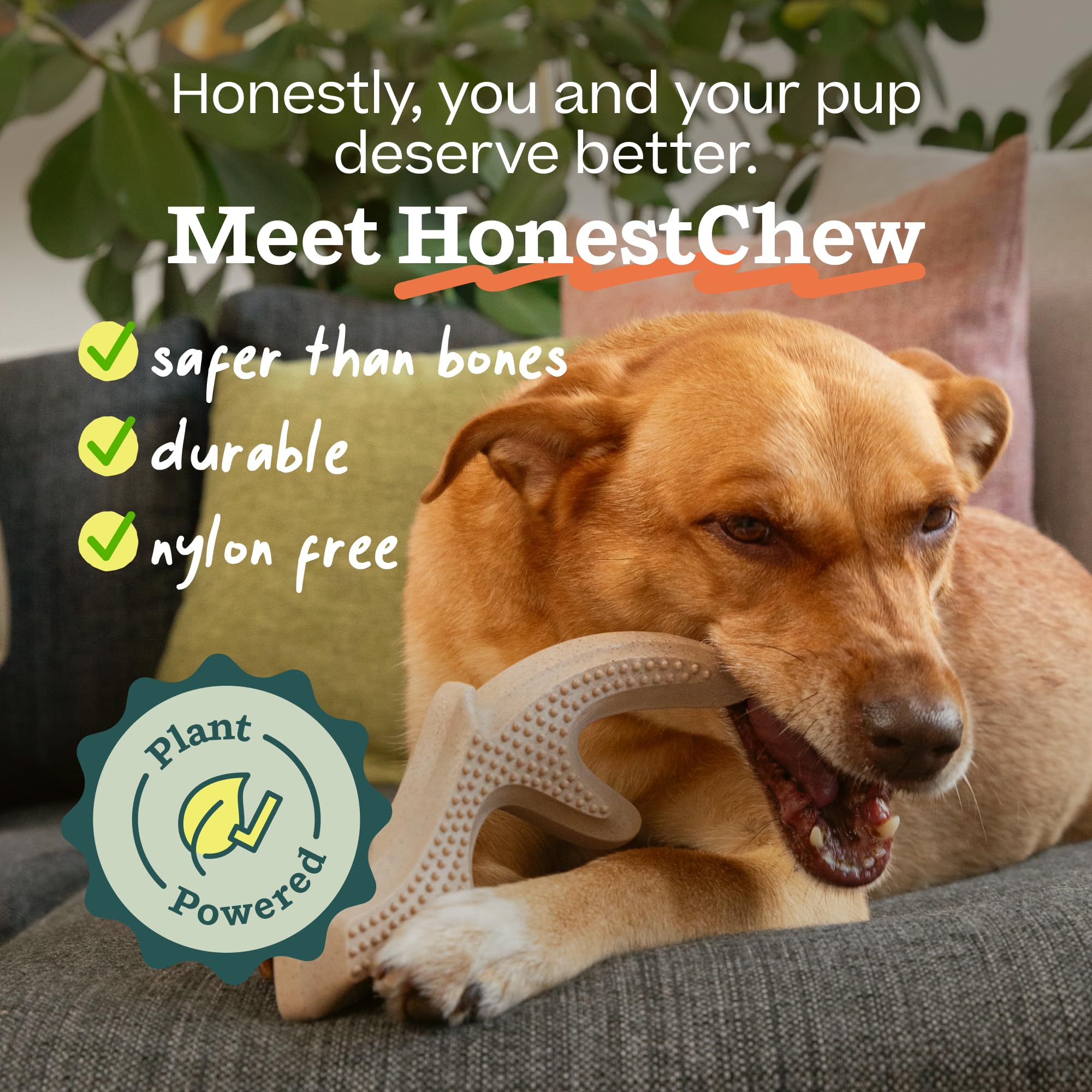 WOOF HonestChew Zabawka dla psa poroże, trwała zabawka do żucia dla psa, wykonana z naturalnych, roślinnych składników - odporna na zachlapanie - bezpieczniejsza niż kości psa, średnia