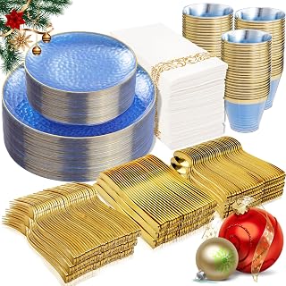 Rubtlamp 350 Pcs Clear Blue Plastic Plates, Blue Gold Plastic Dinnerware Set (50 Guests), Blue Disposable Plates With Gold Rim, Hammered Party Plates Set for Christmas Wedding And Party