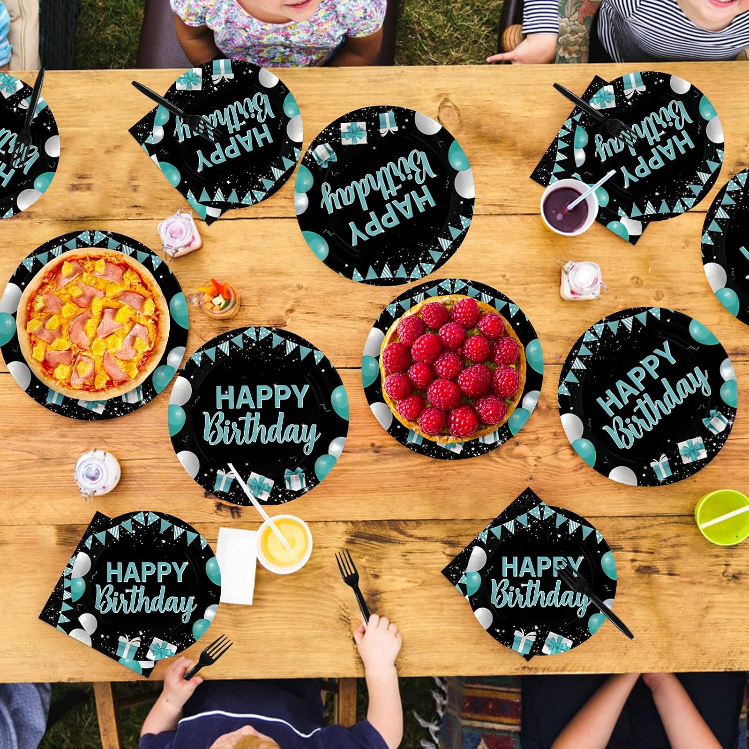 96 Pcs Happy Birthday Party Supplies Teal Blue and Black Decorations 350 GSM Disposable Turquoise Birthday Party Plates and Napkins Set Teal Blue Black Decorations for Kids Adults Serves 24