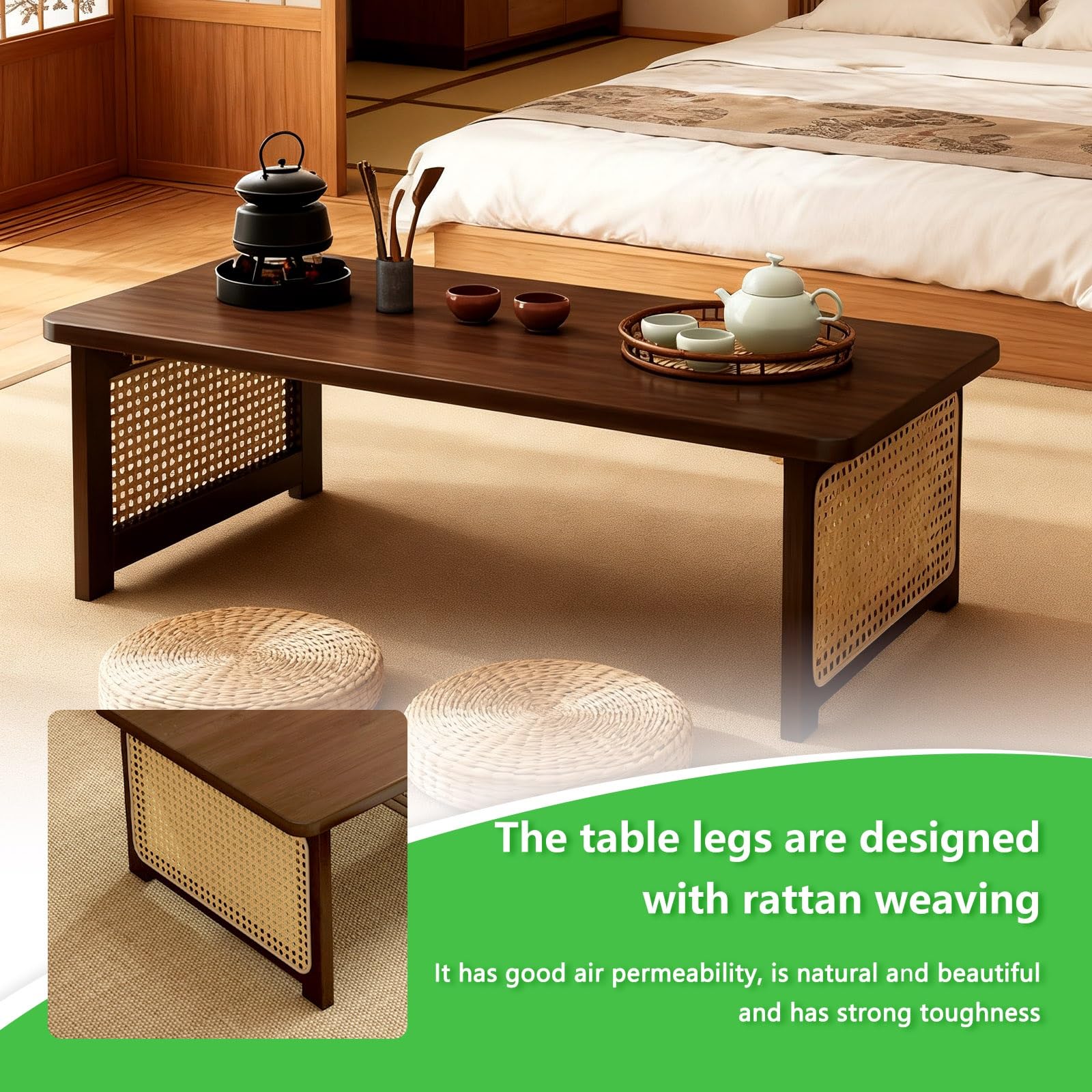 Plateau de lit portable pliable en bambou avec pieds en rotin, idéal pour canapé et lit, petit-déjeuner et tablettes, aucun assemblage nécessaire Marron café 60 x 40 x 30 cm