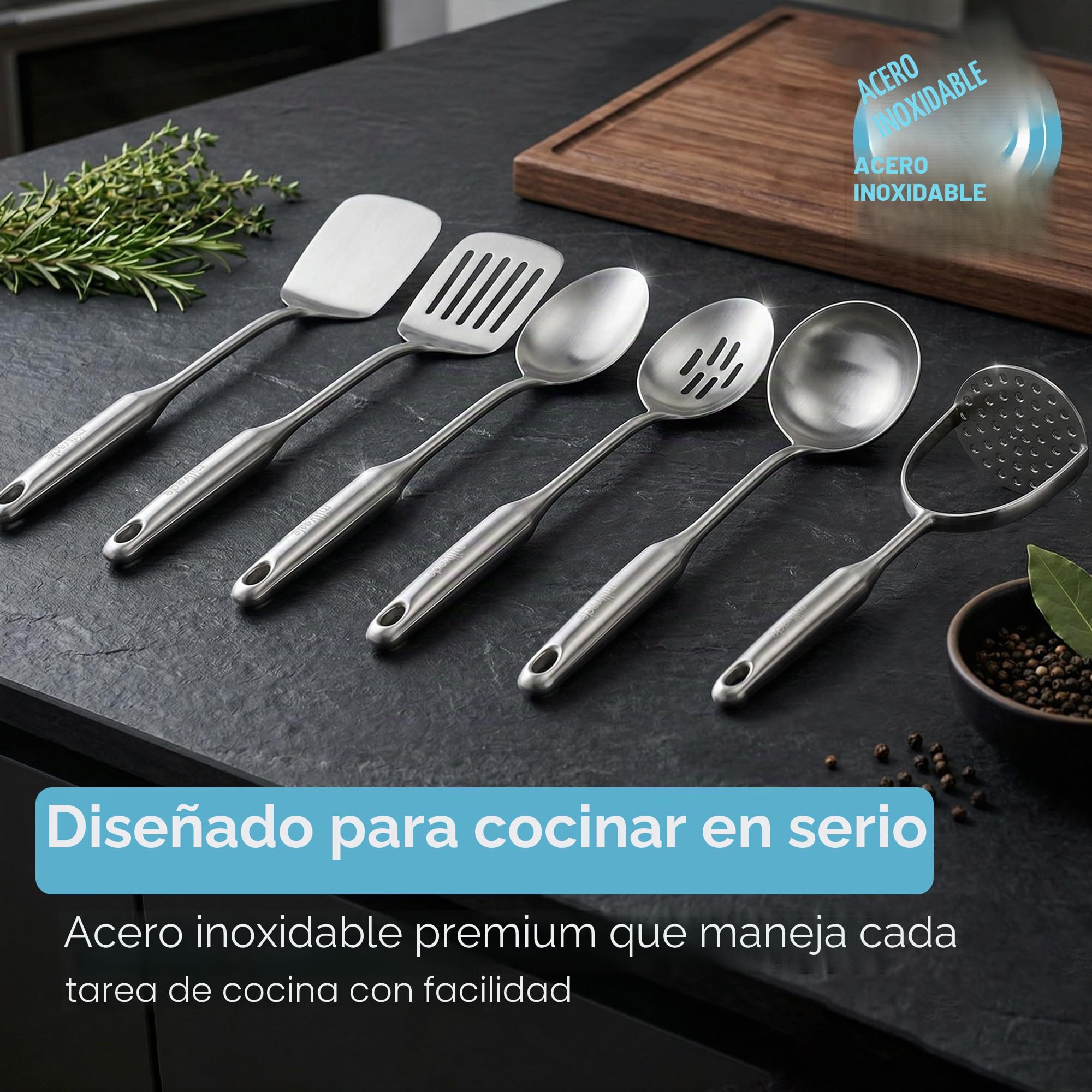 Millvado Juego de utensilios de acero inoxidable: juego de 6 utensilios de cocina para cocinar y servir, cuchara sólida, cuchara ranurada, espátula sólida, espátula ranurada, cucharón de sopa,