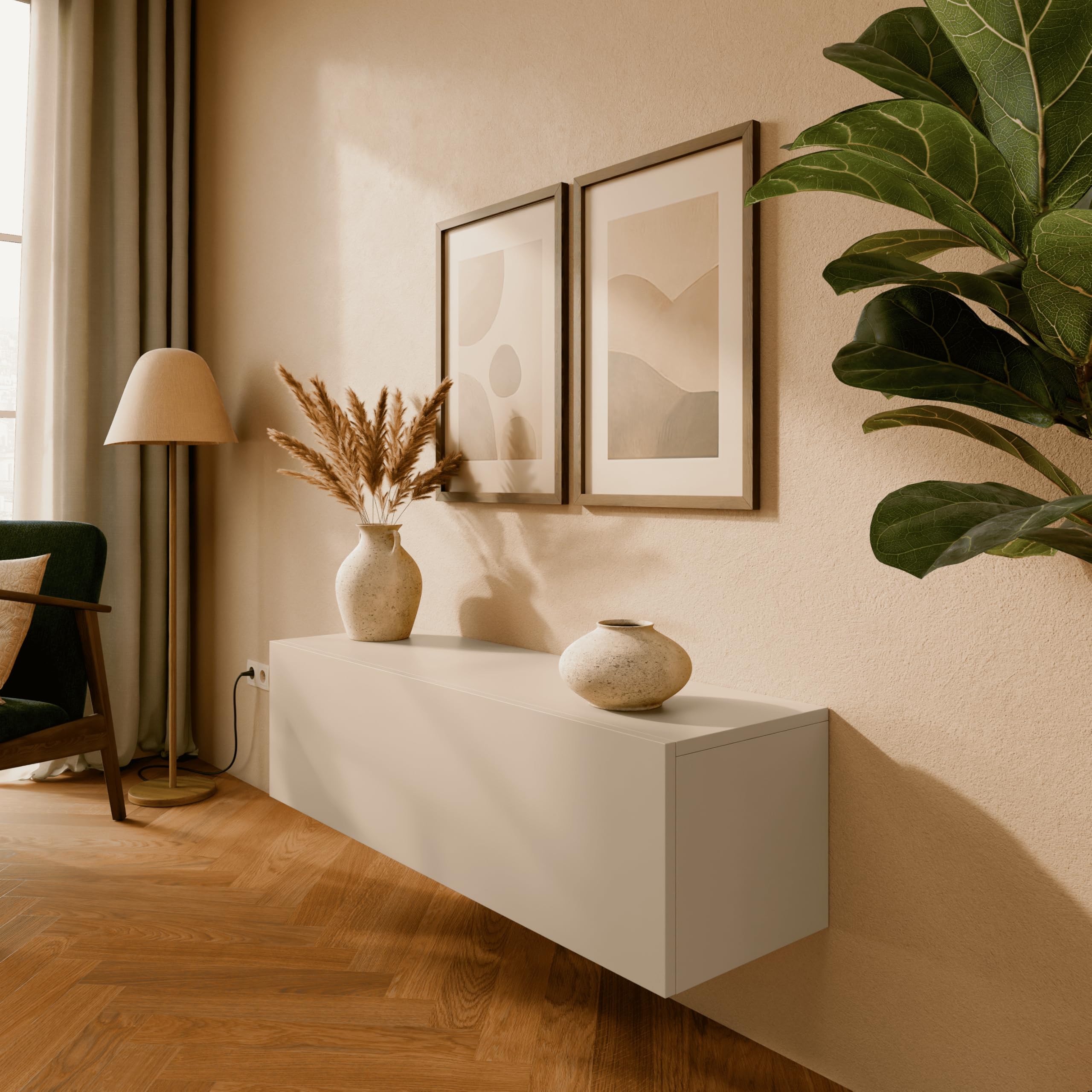 PLATAN ROOM Meuble TV 105/140/160/210/280 Blanc à suspendre ou debout brillant (champagne, 105 x 30 x 32)