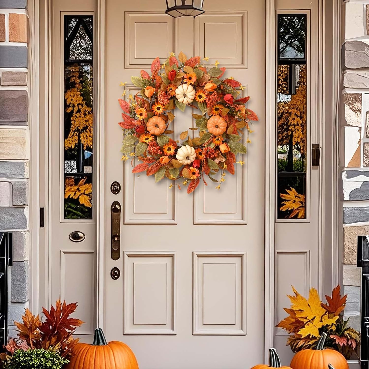 Waipfaru Fall Wreaths for Front Door Outside, 22 Inch Fall Decorations for Home, Large Autumn Wreath with Pumpkin for Indoor Outdoor Porch Thanksgiving Farmhouse Harvest Decor