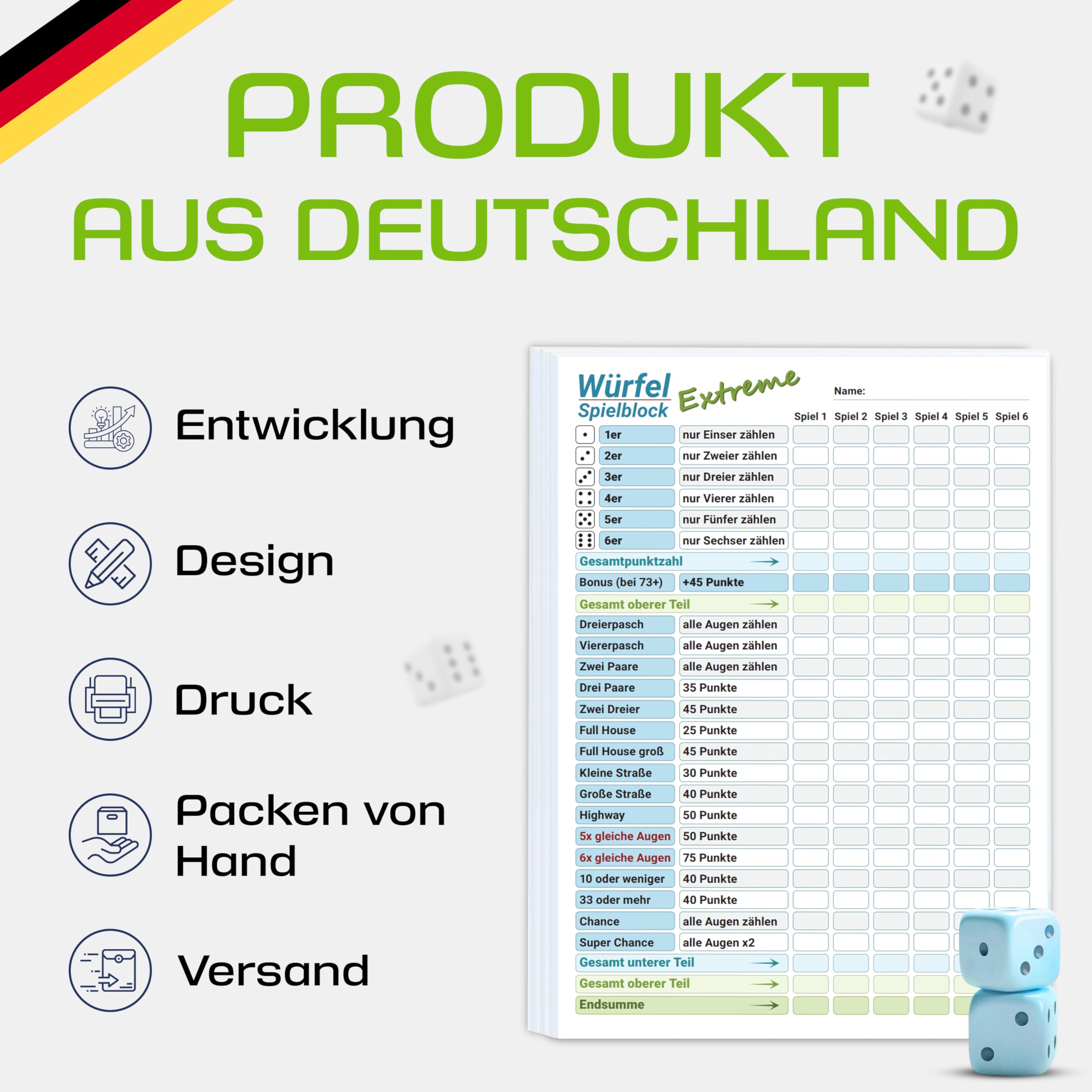 PICTALOO Würfelspiel Extreme Block DIN A5, gut lesbar und übersichtlich gestaltet, moderner Ersatzblock, Spielblock groß, auch für Senioren und Kinder geeignet, Würfel Spiel Set, Familienspiel (1)
