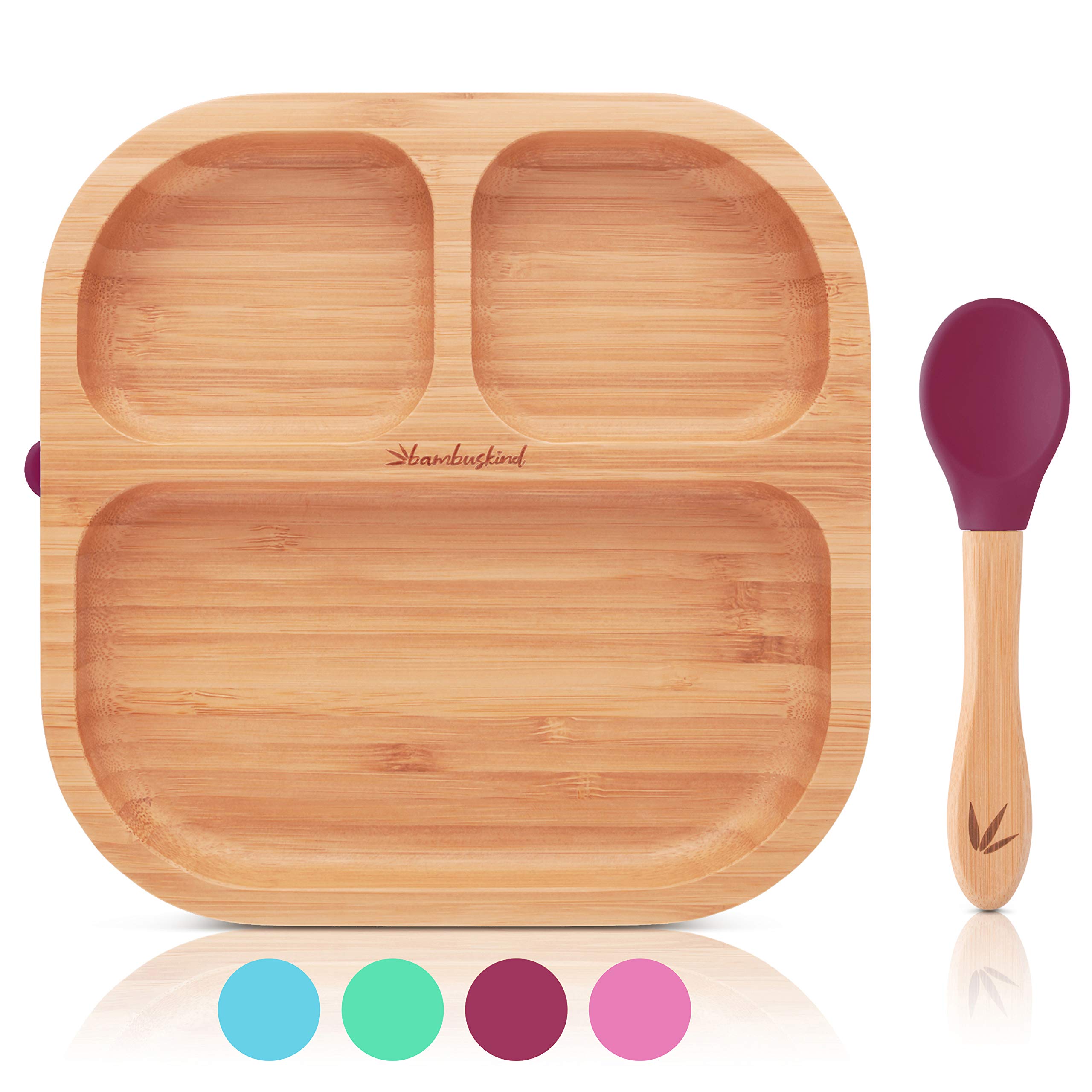 Assiette enfant avec ventouse cerise I Livre de recettes (français non garanti) I Assiette bébé antidérapante en bambou avec cuillère I Set de vaisselle pour apprendre à manger I Sans