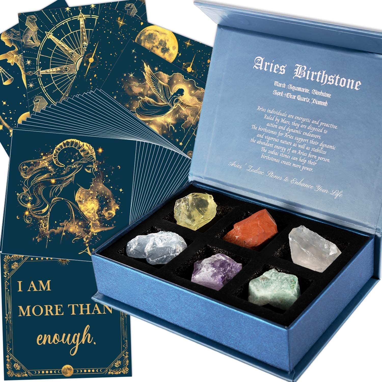 Aries Birthday Crystals Gifts - w/50 Daily Affirmations Cards and 6 Healing Crystals Natural Stones, Positive Affrimations with Inspiraltional Quotes, Spriritual Gifts for Women
