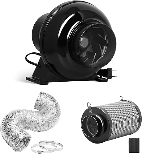 iPower Ventilador en línea de 4 pulgadas 195 CFM, filtro de carbono de aire y conductos de 8 pies, kits de soplador de ventilación de circulación