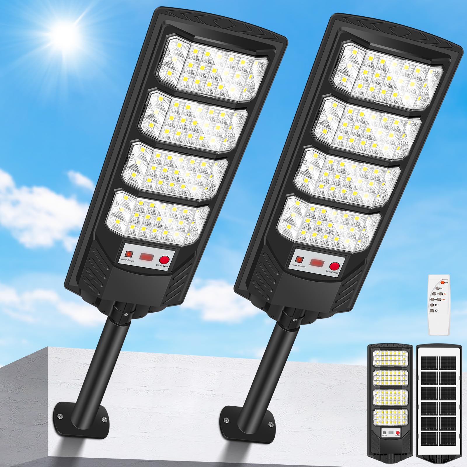 600W Lampione Solare Led Esterno, IP66 Impermeabile Lampione Stradale Faretto Solare con Sensore di Movimento, 6500K Lampioni da Giardino Esterno Luci Solari per Garage Strada, 2 Pezzi