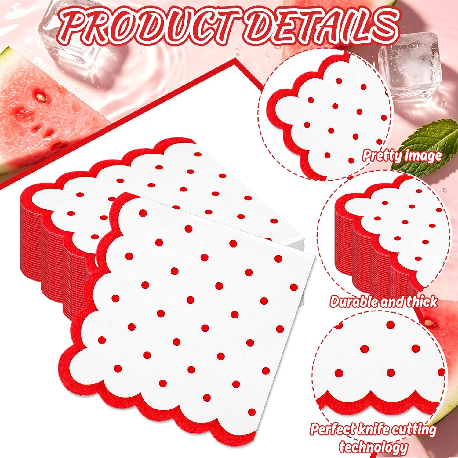 JarThenaAMCS 100 Pcs Scalloped Paper Napkins Polka Dots Cocktail Napkins Red White Disposable Beverage Napkin for Birthday Baby Shower Valentine Day Party Table Decor Supplies