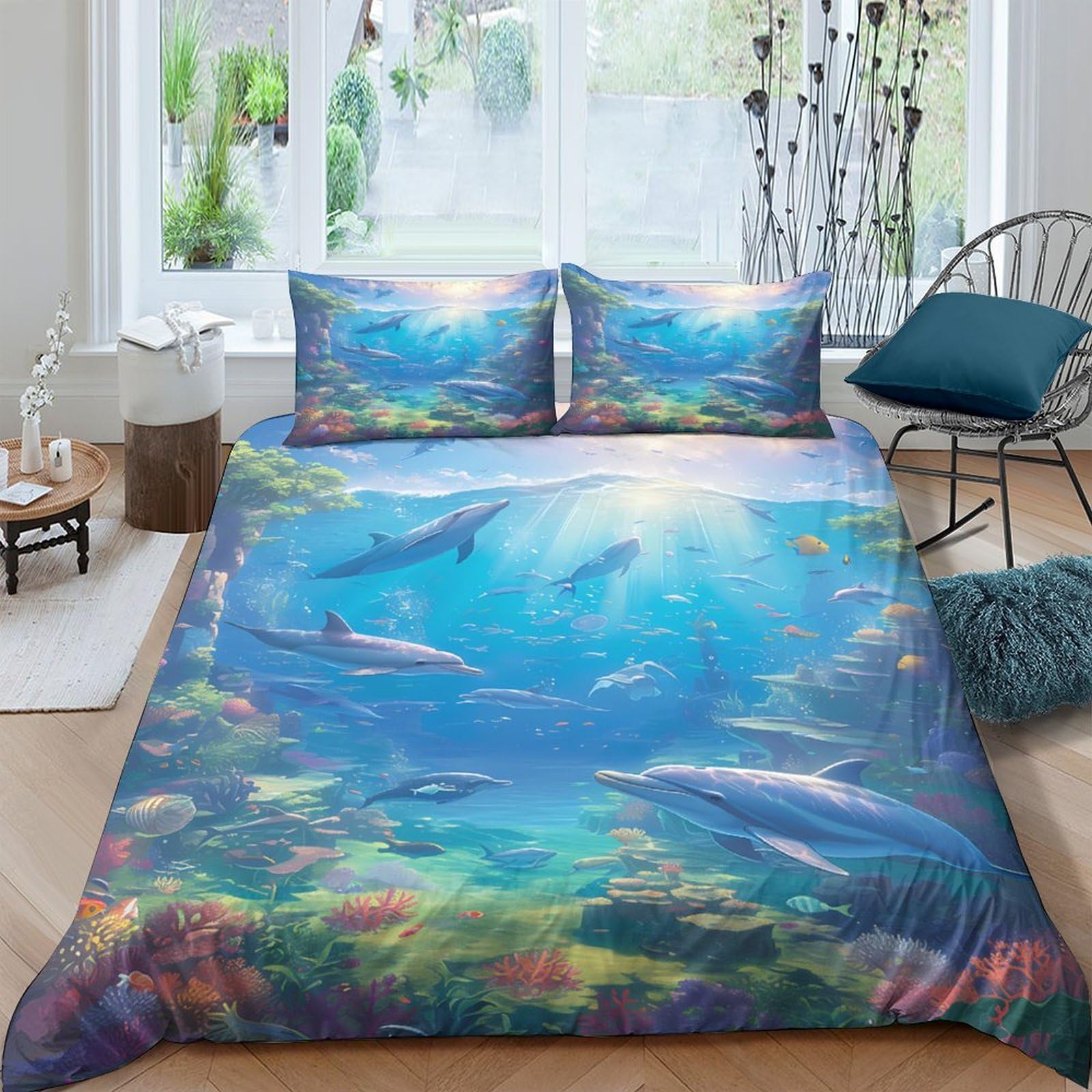 Ctjqhvkz Style-8 3D Printed Ocean Dolphin Fitted Sheet Microfiber Soft Blue Coral Reef Mattress Cover For Bedroom Dorm Home Decor Single（135X200cm）
