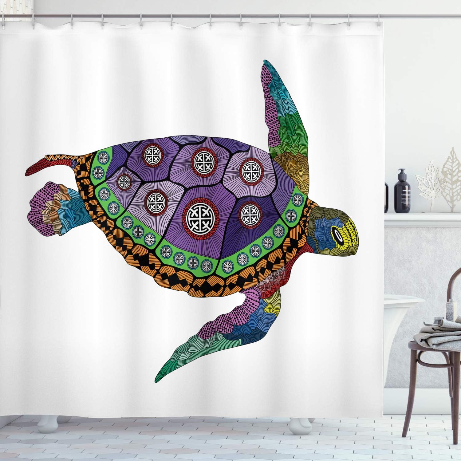 Ambesonne Psychedelic Shower Curtain, Sea Turtle Colorful Ornamental Style Tattoos on Animal Art Work, Cloth Fabric Bathroom Decor Set with Hooks, 69" W x 75" L, Purple Orange Pink