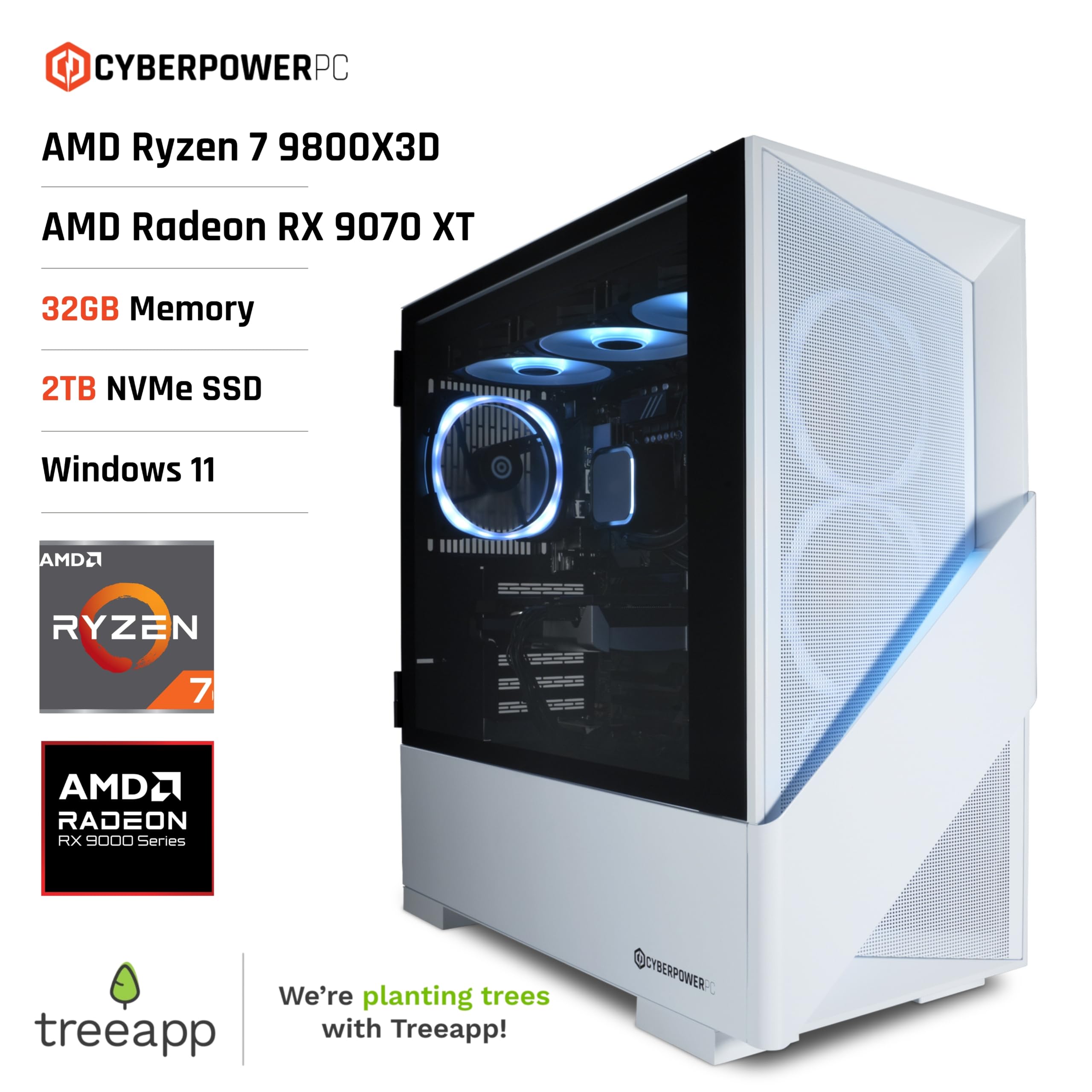 CyberPowerPC Luxe Gaming PC - AMD Ryzen 7 9800X3D, AMD RX 9070 XT, 32GB RAM, 2TB NVMe SSD, 750W PSU, Windows 11, Liquid Cooling, Amethyst 360M Airflow White