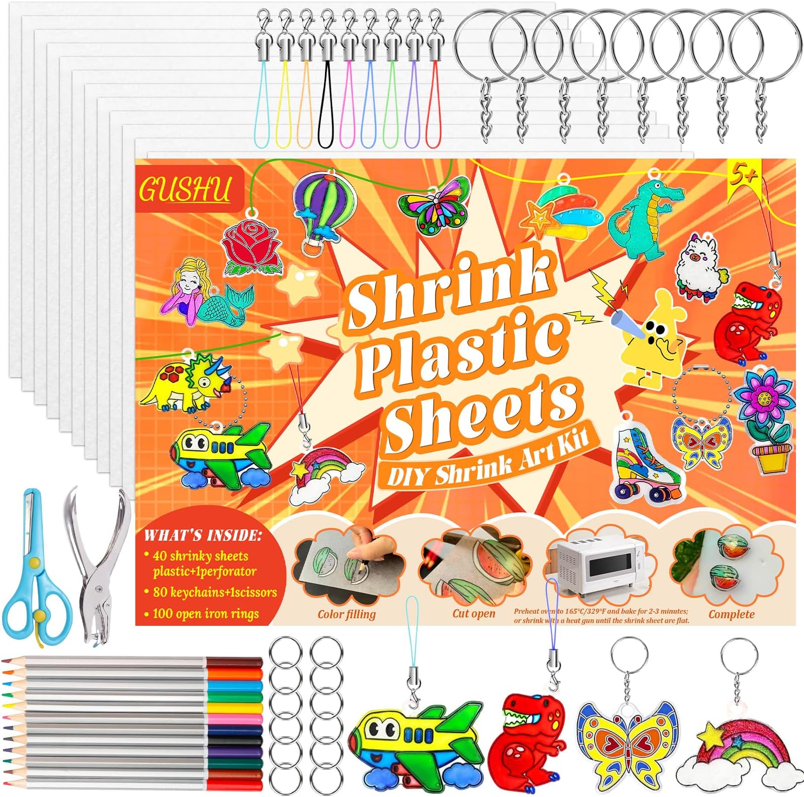 235 Pcs Shrinky Plastic Sheets Keychain Kit, 40 Pcs Shrink Paper Sheets, Hole Punch, Pencils, Keychains, Accessories for DIY Crafts, Creative Handprint Art for Teens & Adults