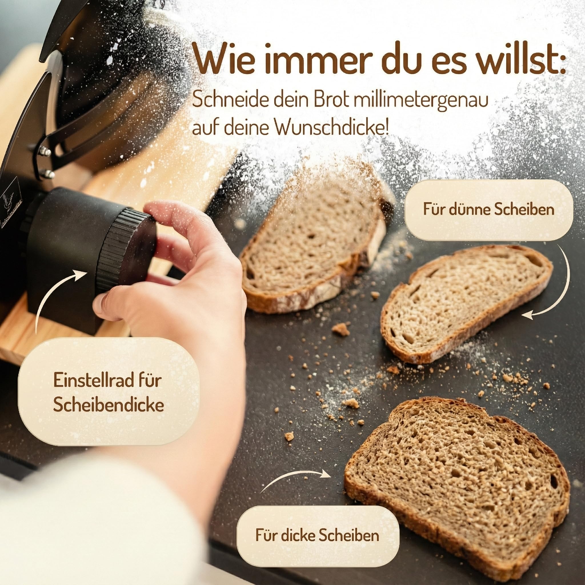 Brotschneidemaschine manuell – Hochwertiger Edelstahl Allesschneider mit Kurbel & Holzbrett | Präziser Schnitt, Retro-Design, rutschfeste Saugfüße für Brotliebhaber | Schwarz