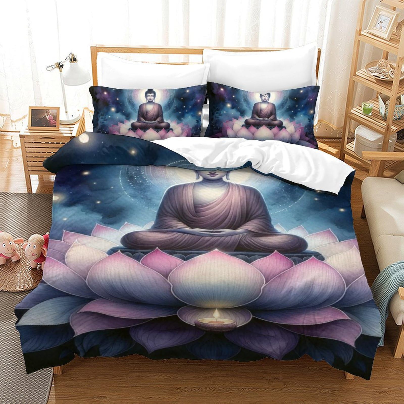 Housse de couette Bouddha 3D 140x200 cm avec 2 taies d'oreiller pour lit enfant