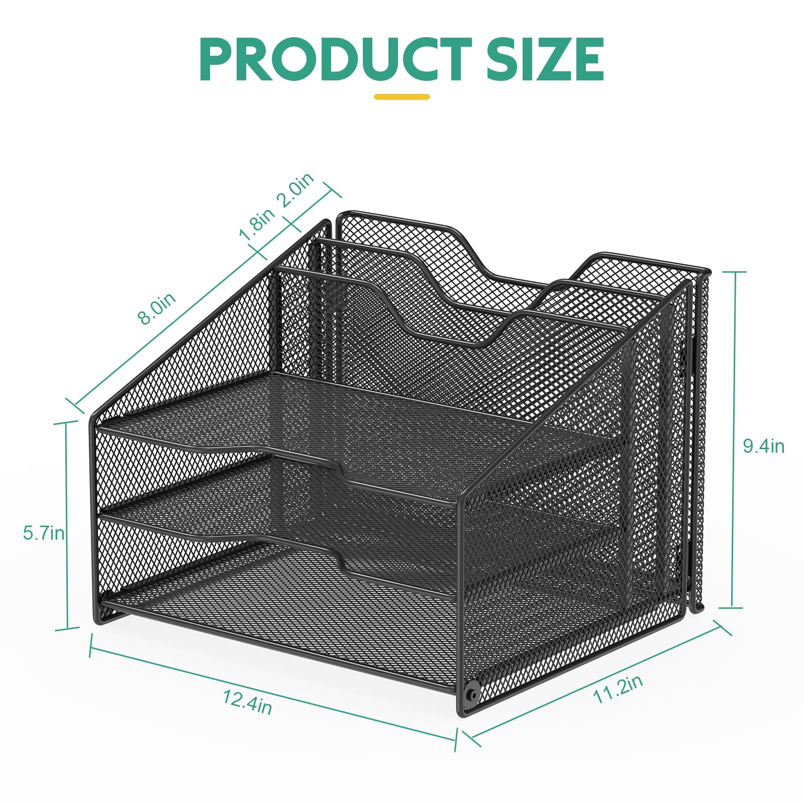 OUTWOLF Schreibtisch Organizer mit Aktenhalter, 3-stufiger Papier Organizer+ 2 Vertikalen Fächern, Mesh Metall Schreibtisch Akten Organizer für A4-Aktenordner, Papier, Buch, Bürobedarf, Glanzschwarz