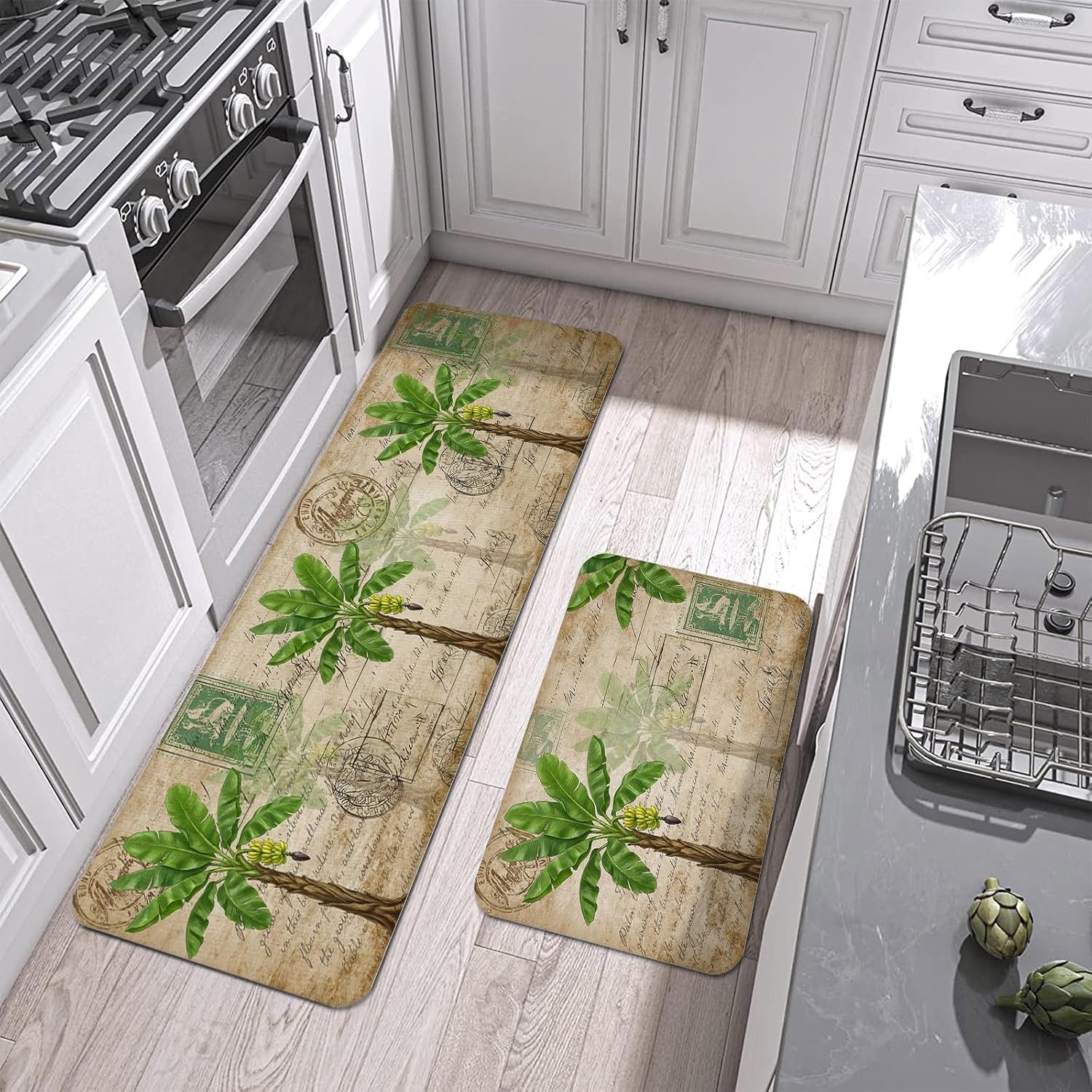 Green Banana Tree Kitchen Mats Set of 2 Rustic Tropical Botanical Summer Country Non Slip Mat Washable Floor Rug for Kitchen Sink Floor Laundry, 20"x24"+20"x48"