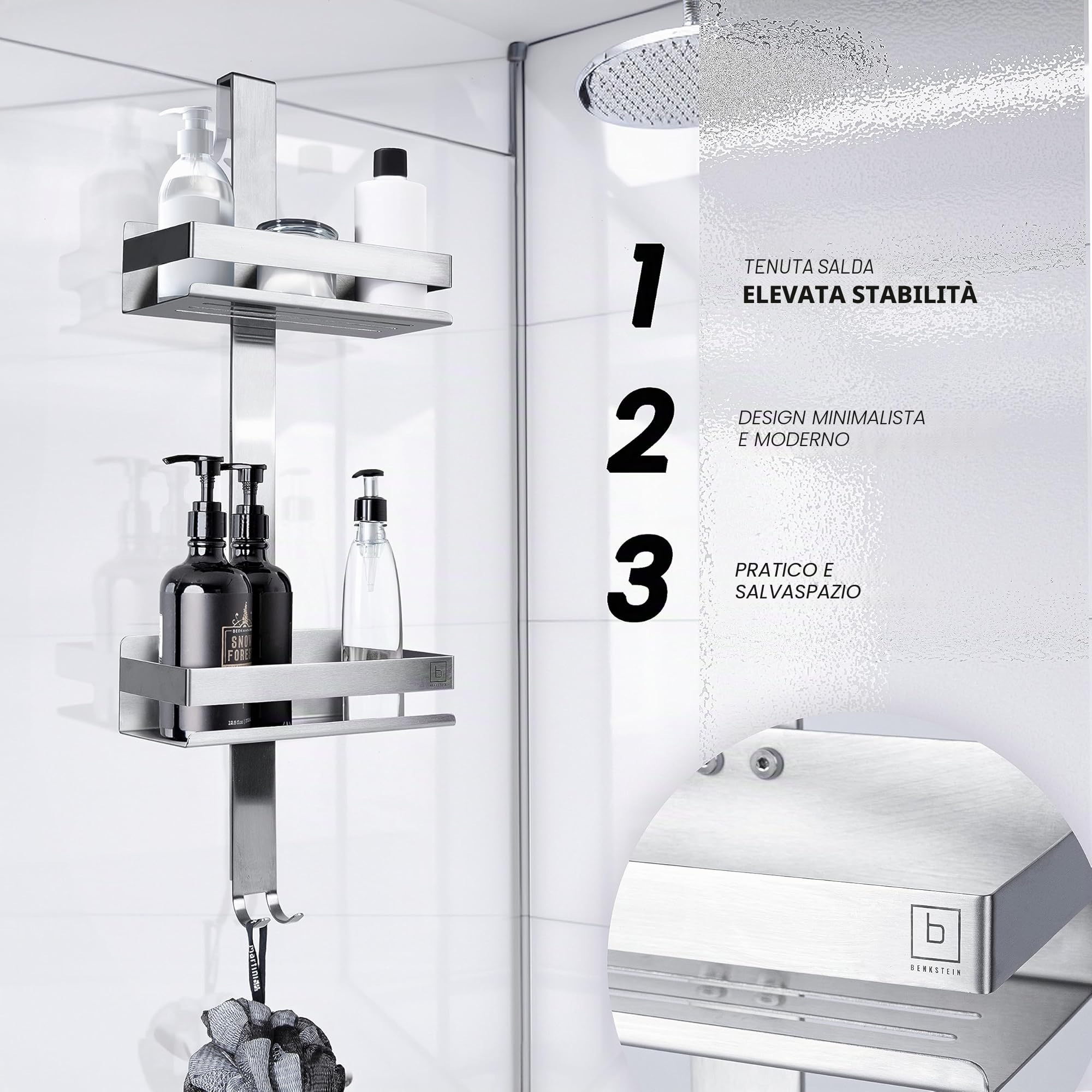 BENKSTEIN Mensola per doccia da appendere, in argento, con 2 cesti per doccia, da appendere, salvaspazio, cestino da doccia, in acciaio inox, supporto per shampoo per doccia
