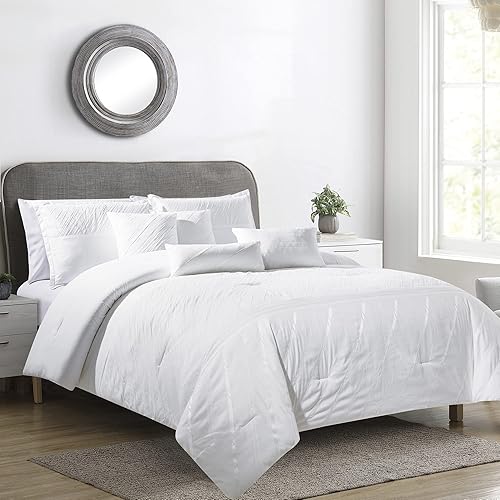 Miniatura 2 de Chezmoi Collection Sara - Juego de edredón bordado blanco de 7 piezas, tamaño matrimonial, ropa de cama ligera con textura geométrica a rayas para