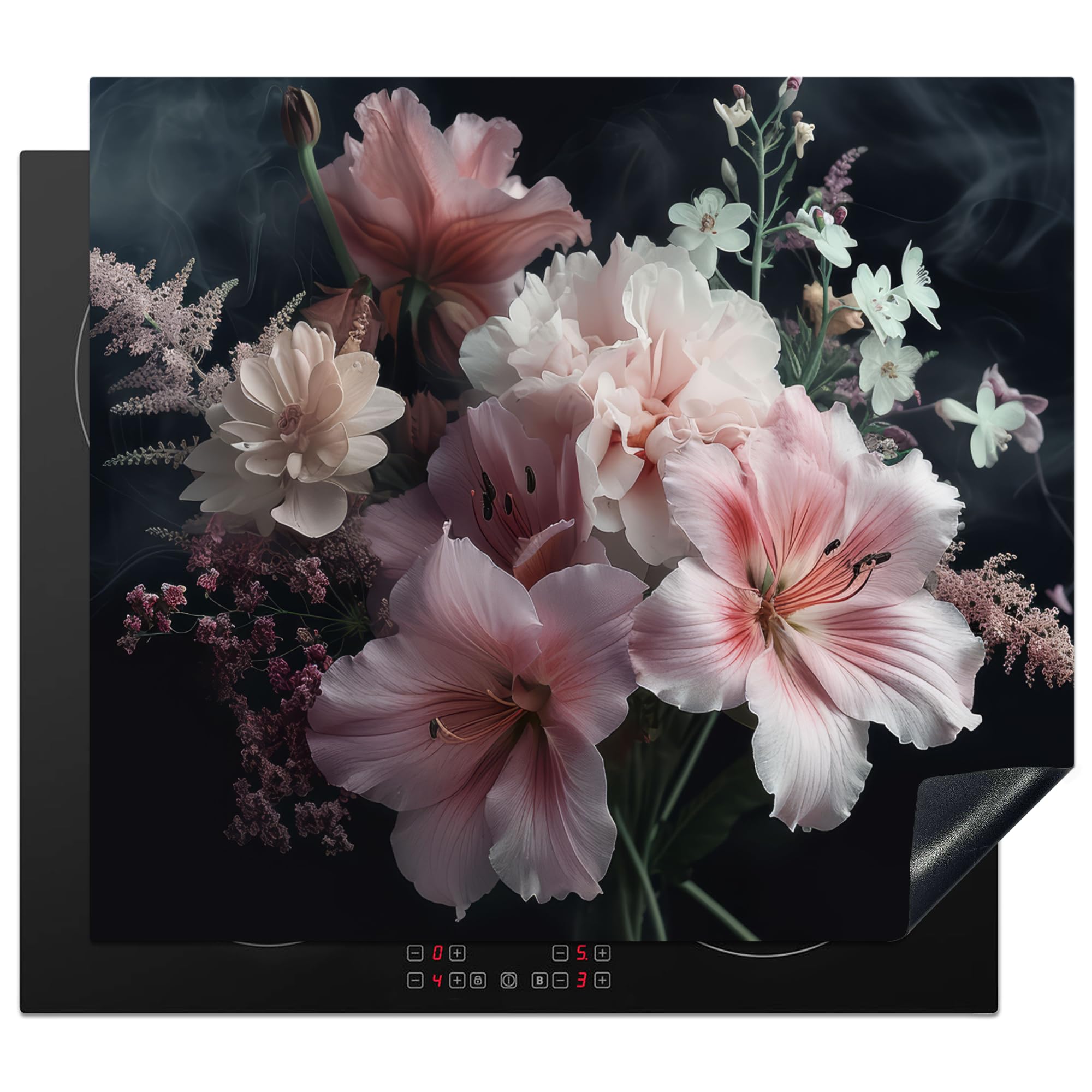 KitchenYeah© Induction Hob Protector Mat 20.5"x23.2" / 59x52 cm Cooker Top Protectors Cover Ceramic Covers Electric Hobs Vinyl Flowers - Pink - Vapour - Plants