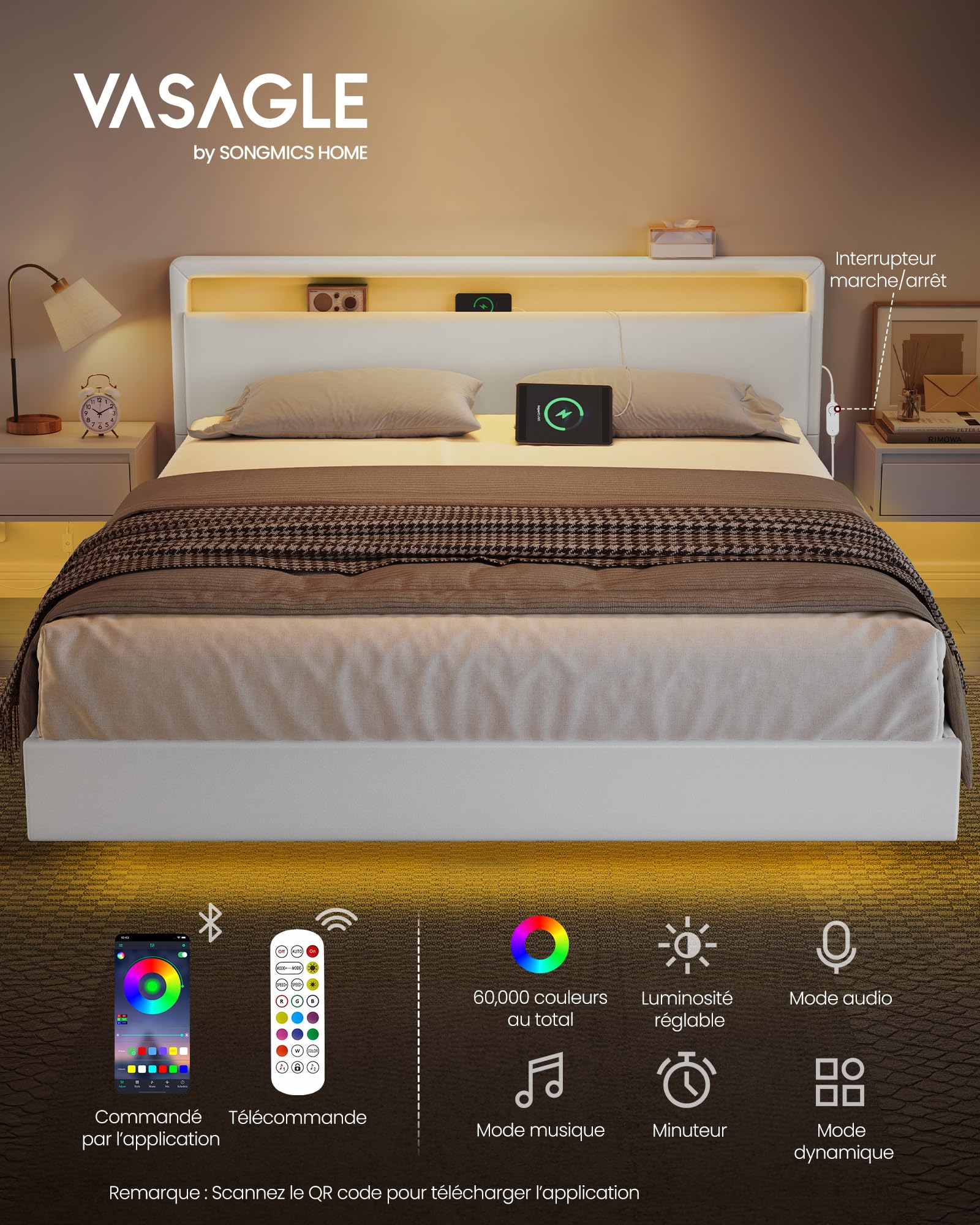 VASAGLE Lit Double, Cadre de Lit, 160 x 200 cm, Cadre Flottant avec Éclairage LED, Tête de Lit Haute, Multiprise, Style Moderne, Blanc Nuage RMB865W01