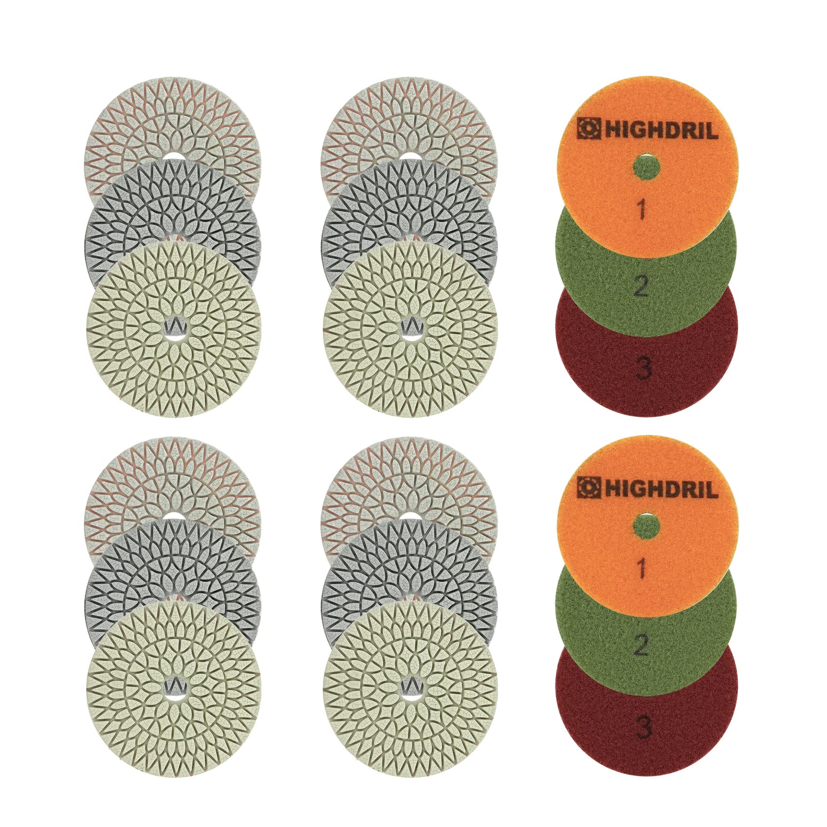 HIGHDRIL Diamant-Polierpad-Set für trockene und nasse Diamant-Polierpads, 18 Stück/6 Sets 10,2 cm 3-stufige Schleifpads (#100x6#400x6#1500x6) für Granit, Marmor, Kunststein