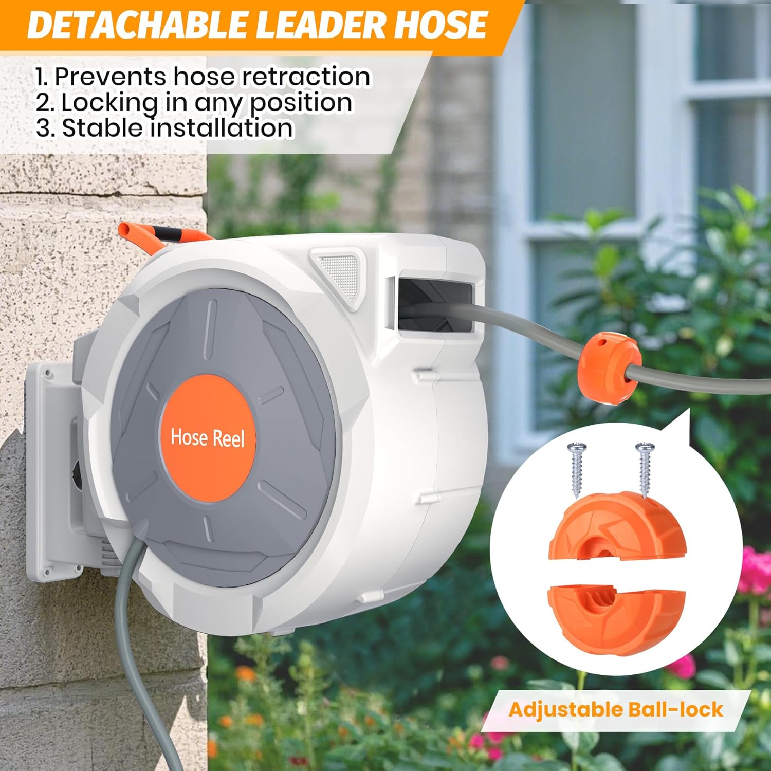 Retractable Garden Hose Reel, 5/8 In x 100 Ft With 9 Function Sprayer Nozzle, Any Length Lock, Automatic Rewind and Slow Return System, Wall Mounted and 180 Deg Swivel Bracket