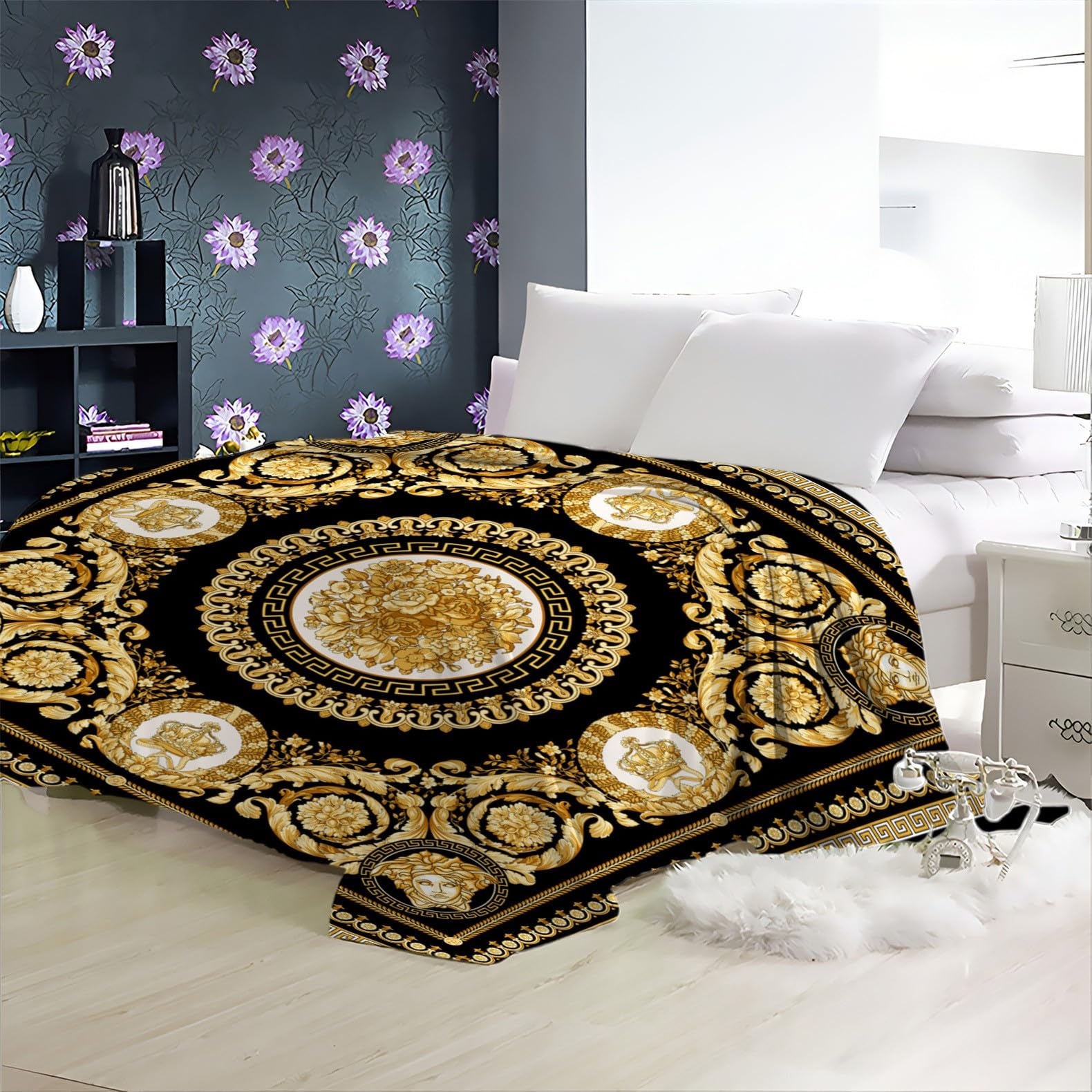 Kuscheldecke Goldenes Retro-Muster Flauschig Fleecedecke als Sofadecke Couchdecke Wohndecke Weiche & Warme Sofaüberwurf Decke 180 x 200 cm