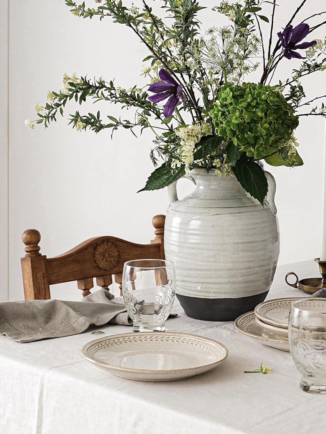 White Ceramic Vase, 9.5 Inch Large Farmhouse Flower Vase with Handles - Rustic Centerpiece for Living Room, Table, Bookshelf, Mantel, Entryway & Wedding Decor (Aurora White)