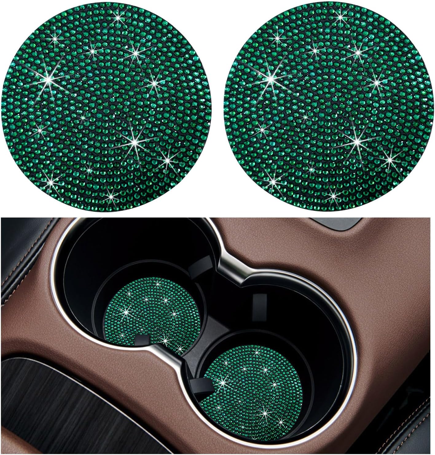 Ziciner 2PCS Bling Car Cup Holder Coaster, 2.73 Inch Anti-Slip Cup Insert Coasters, Crystal Rhinestone Auto Drink Cup Mat, Universal Interior Decor Car Accessories for Women Girls (Green)
