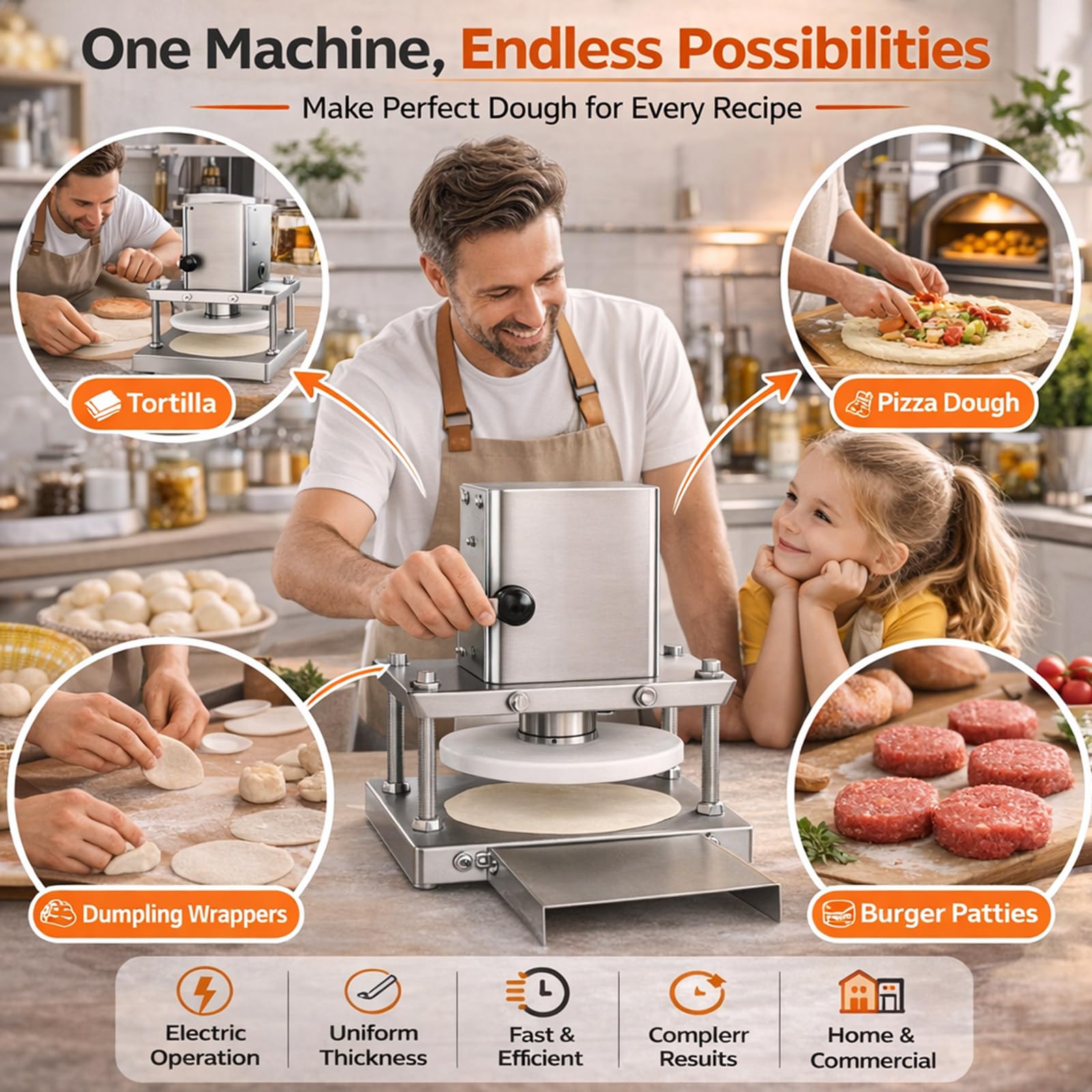 Pressa Impasto Elettrica 8.6 Pollici, Macchina Pizza in Acciaio Inox con Spessore Regolabile, Pressione Uniforme per Pizzeria e Cucina Professionale