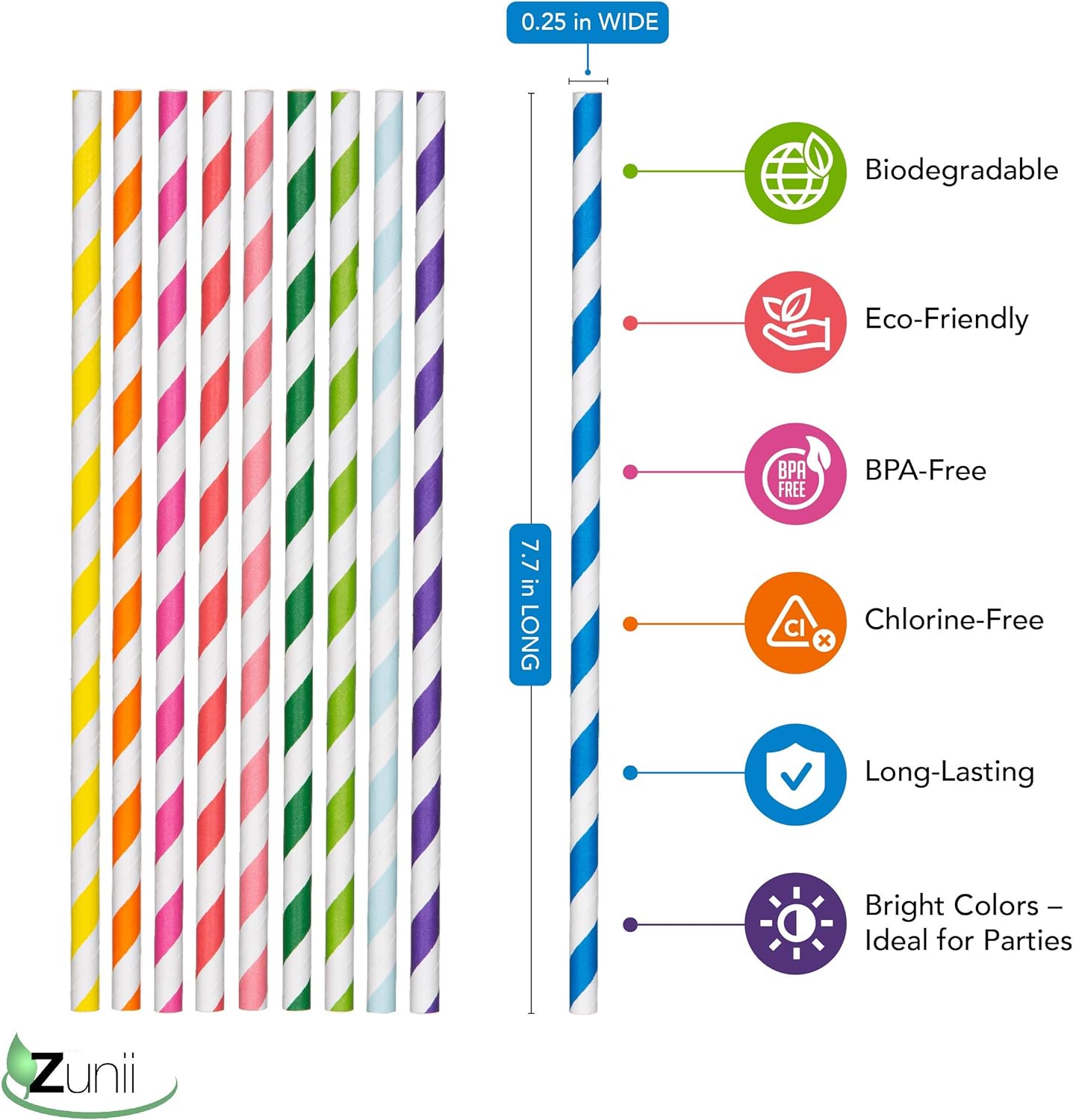 Best Seller Zunii 300-Pack Multi-Color Biodegradable Paper Straws - 10 Bright Colors - Eco Friendly Straws for Juice, Soda, Cocktails, Shakes - Great for Birthday Parties, Bridal Showers, Cake Pop Sticks