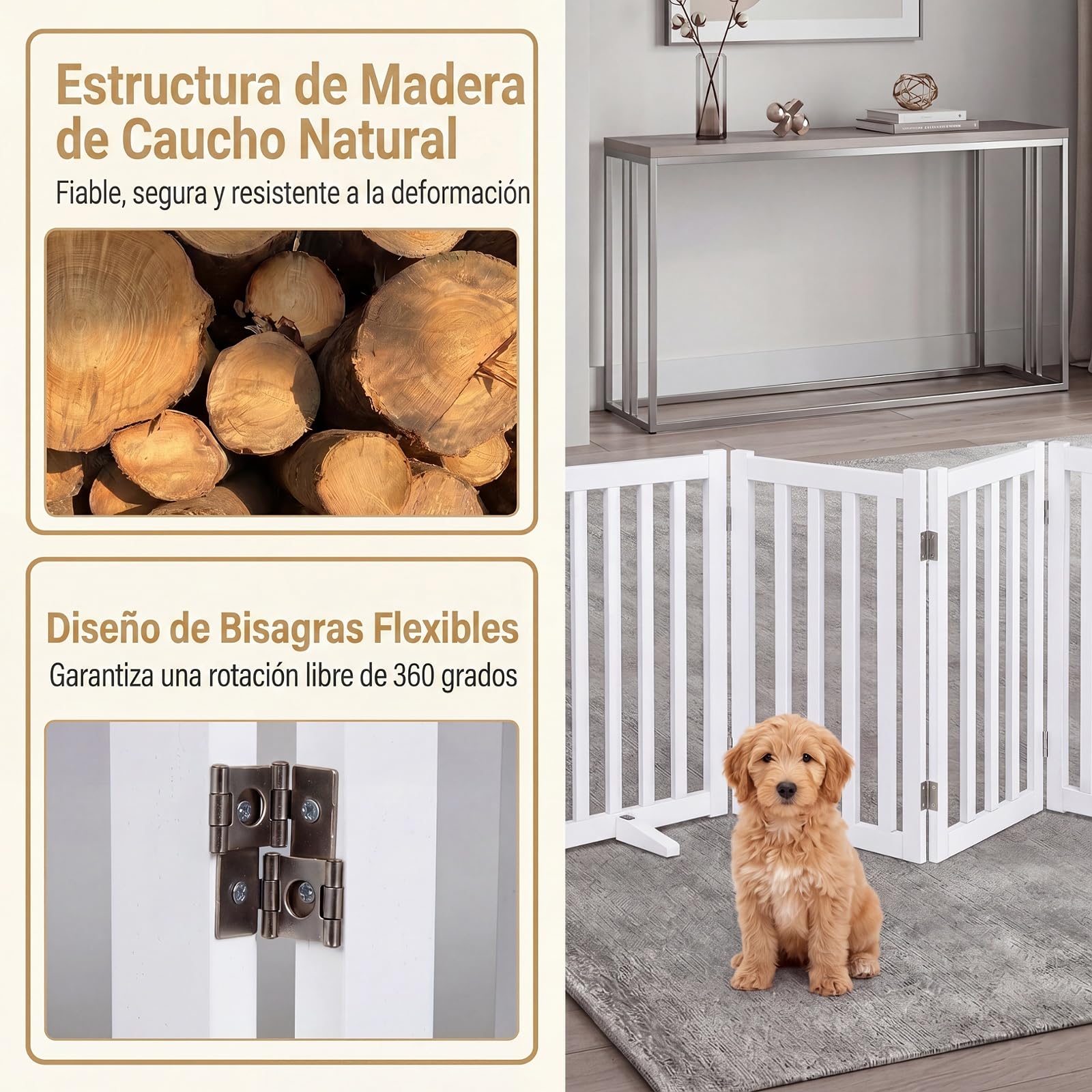 GYMAX Puerta para Perros de 6 Paneles, Valla Interior Plegable de Madera de Caucho con Patas de Apoyo, Barrera de Seguridad Portátil para Escaleras y Pasillos, Blanco
